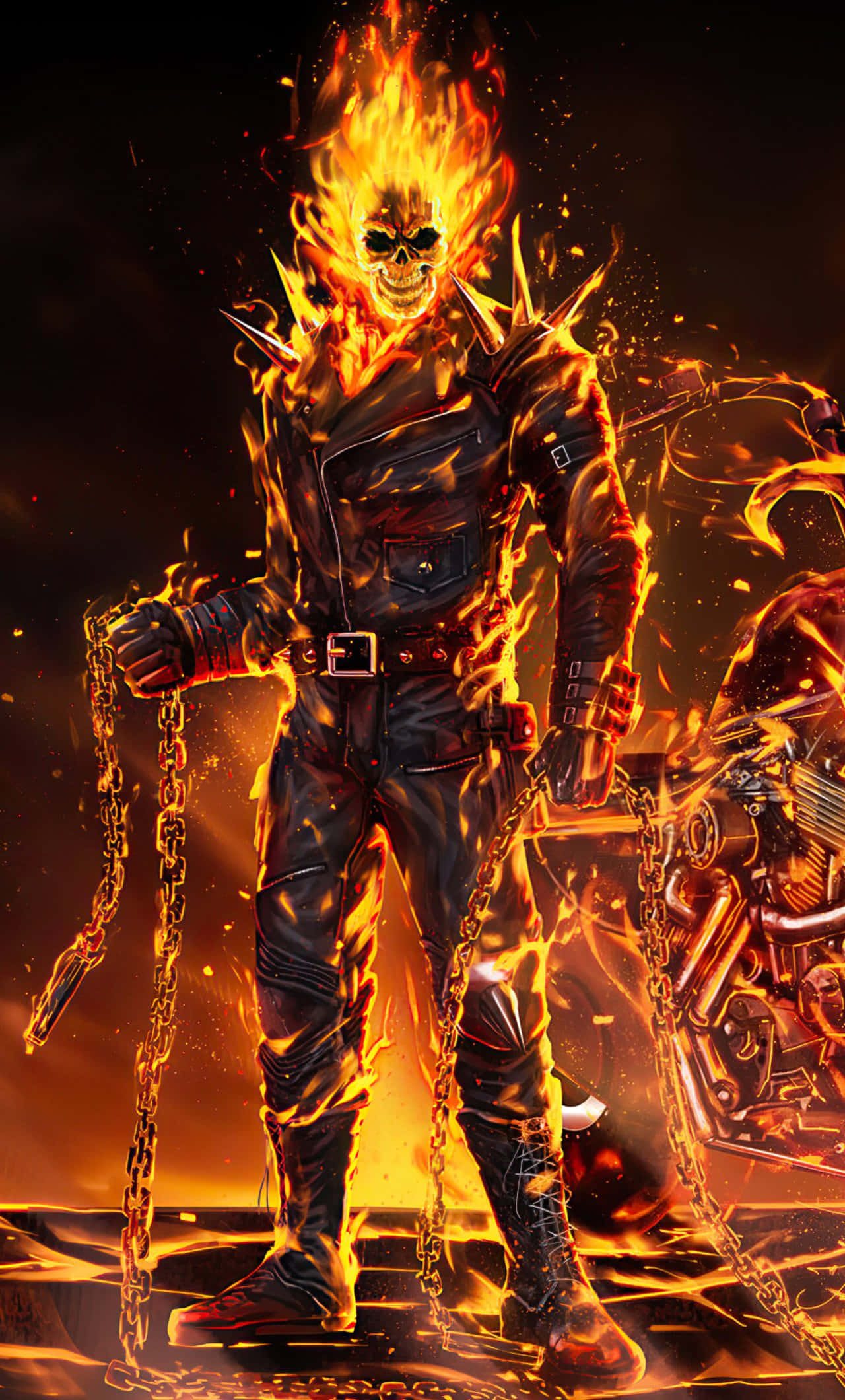 鬼 Rider 桌布 壁紙 — Ghost Rider 站立在咆哮的火焰中，手持鎖鏈，背景漆黑。