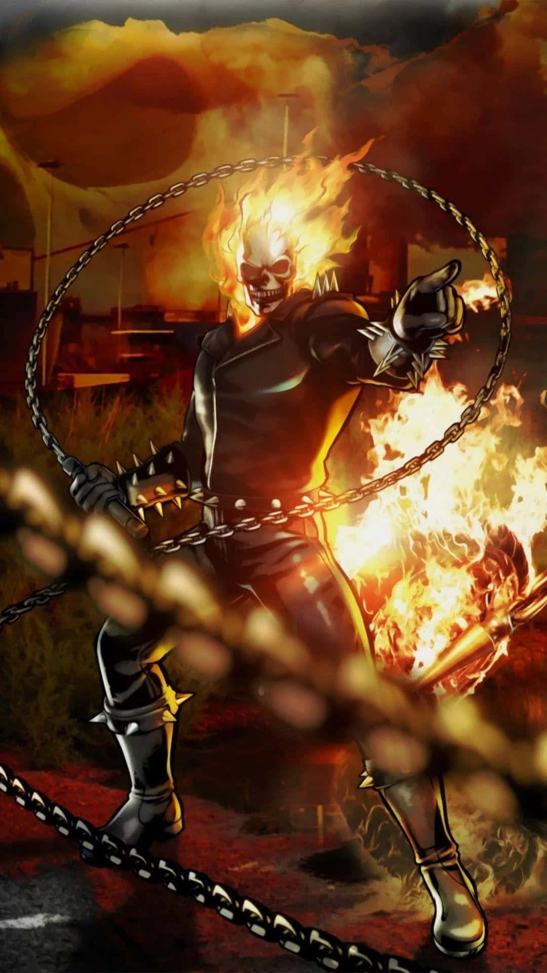 鬼 Rider 桌布 壁紙 — Ghost Rider 騎著一條火焰鎖鏈，穿過煙霧瀰漫的橙色天空下燃燒的城市廢墟。