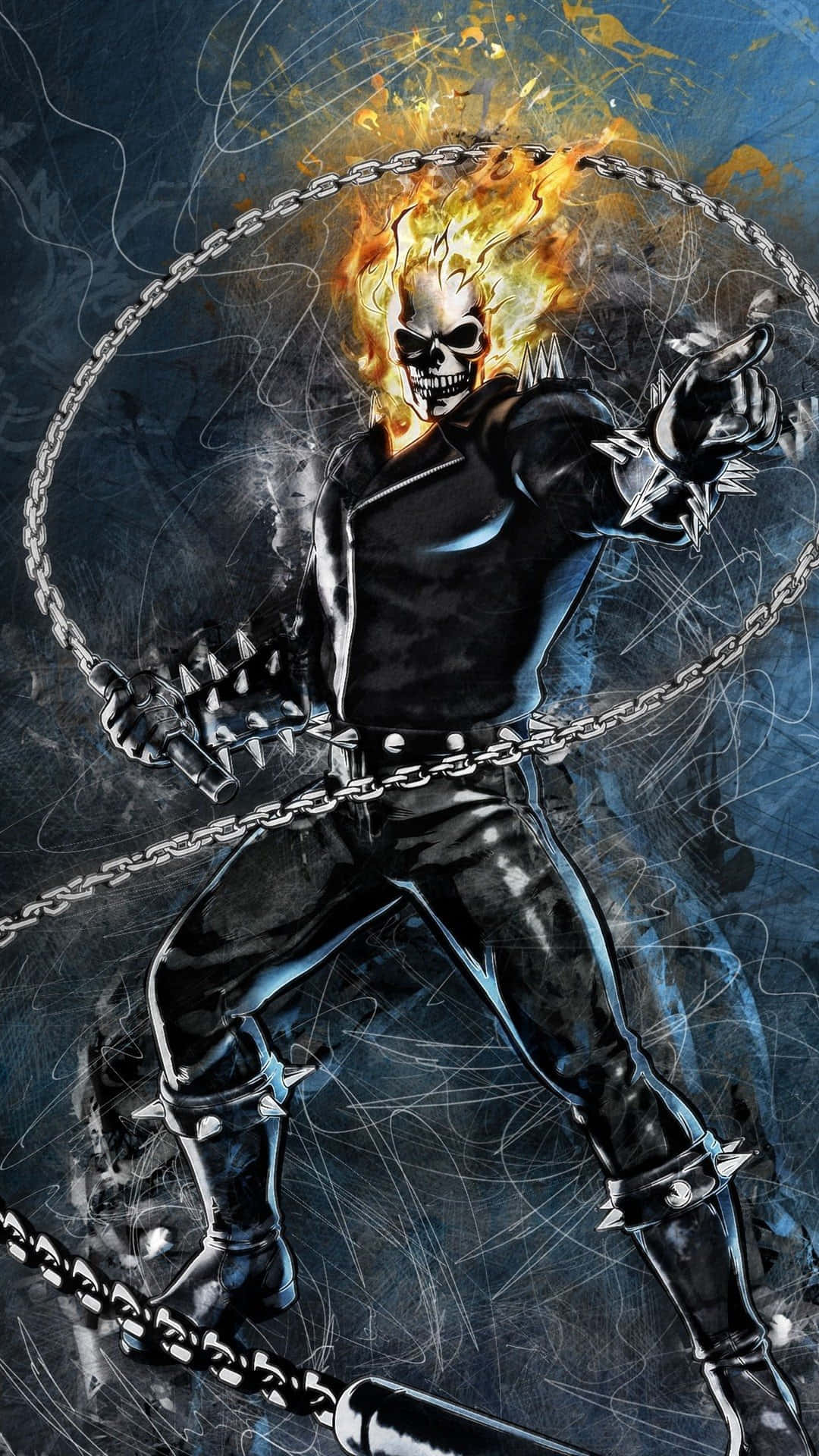 鬼 Rider 桌布 壁紙 — Ghost Rider 騎著一條火焰鏈條，以黑暗粗獷的漫畫風格呈現，帶有燃燒的頭骨和帶刺的皮革裝備。