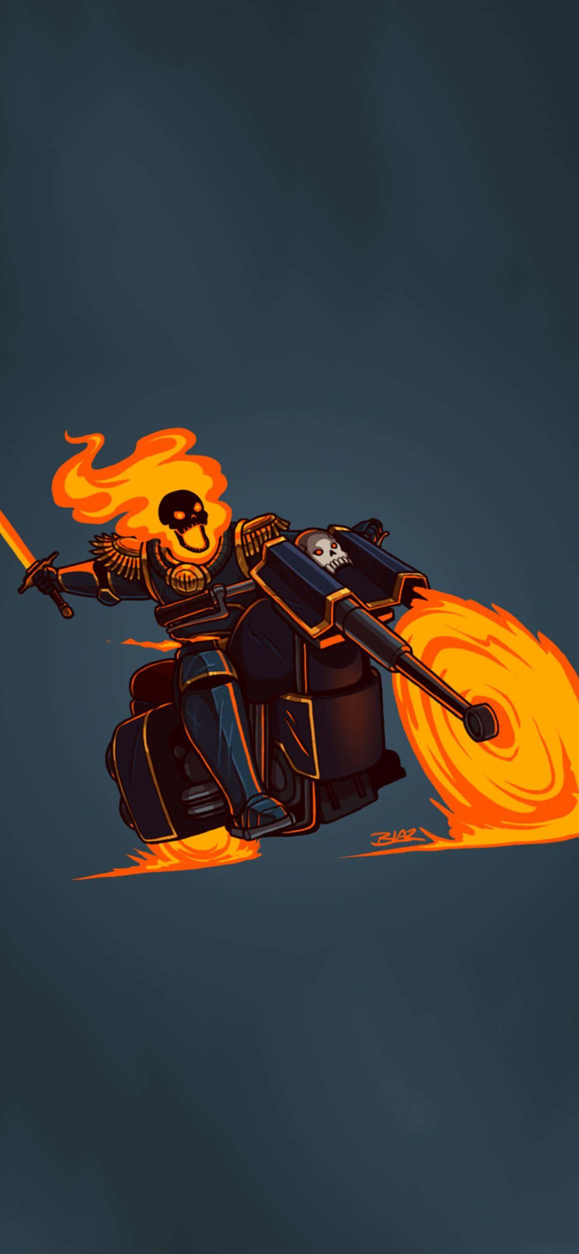 鬼 Rider 桌布 壁紙 — Ghost Rider 騎著一輛燃燒的電單車，戴著骷髏頭盔，散發著火熱的橙色光環，背景是深藍色。