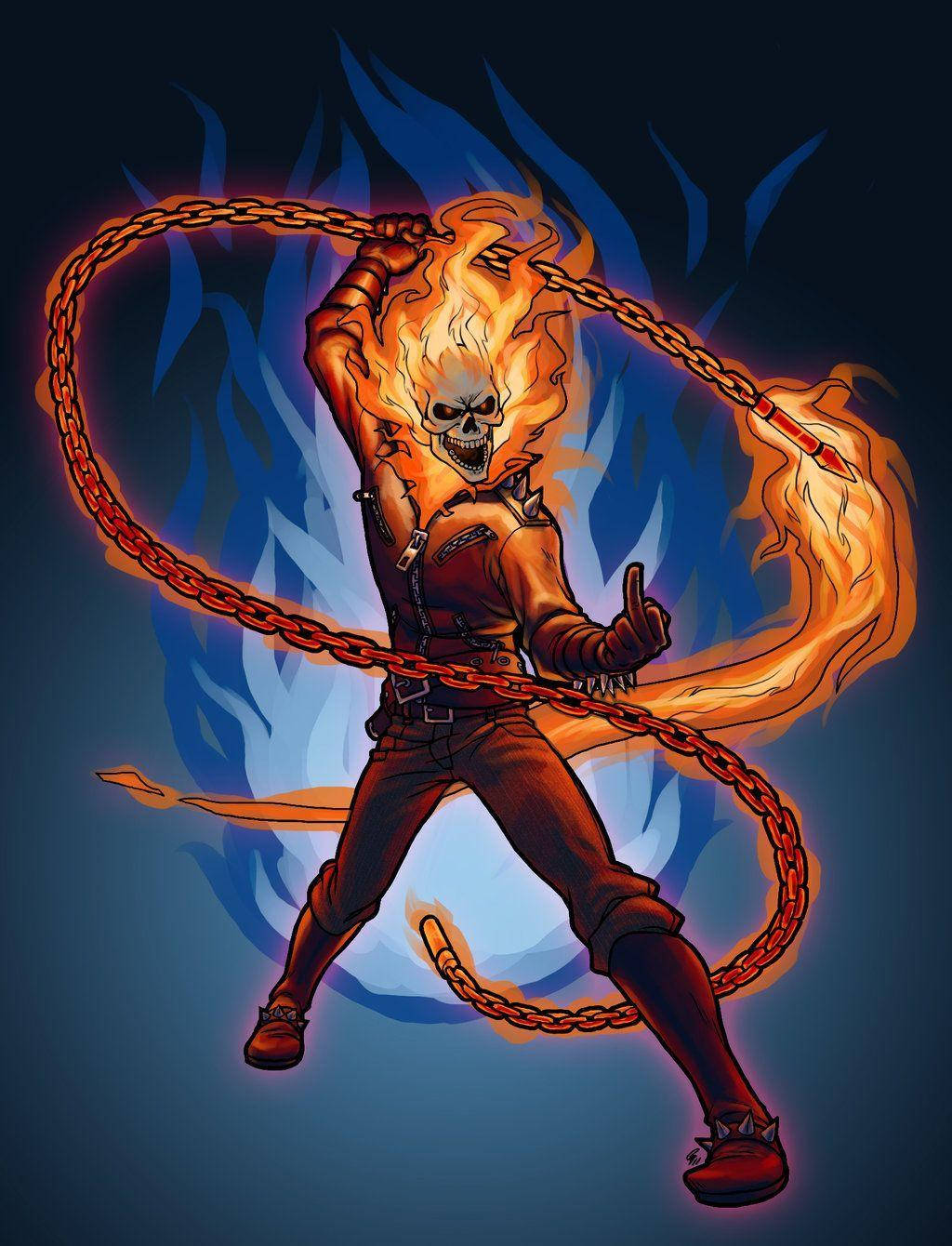鬼 Rider 桌布 壁紙 — Ghost Rider 騎著火焰鏈條，背景為深藍色火焰，動態漫畫藝術。