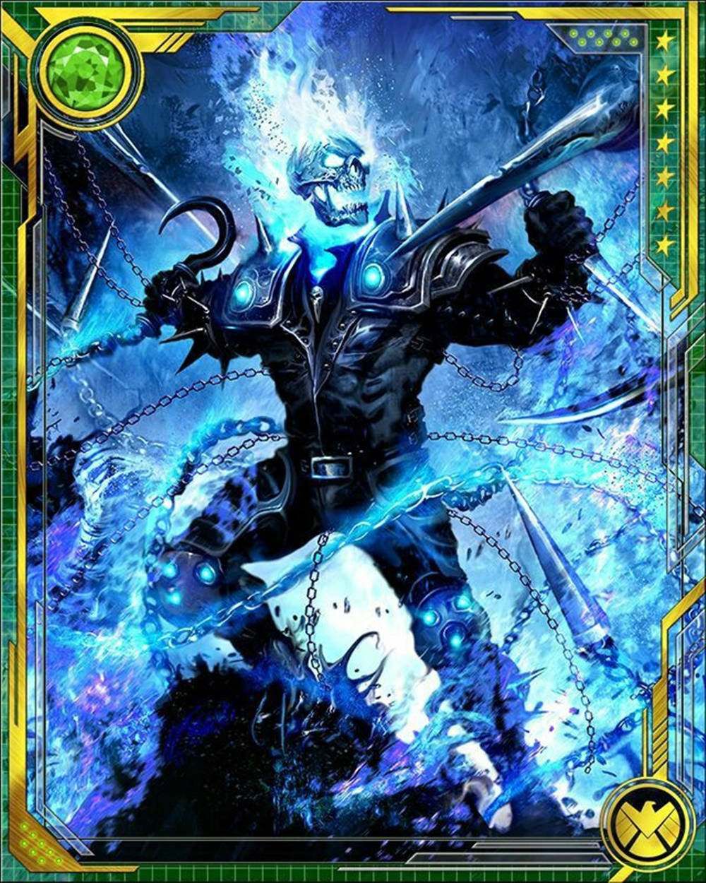 鬼 Rider 桌布 壁紙 — Ghost Rider 騎著火焰骷髏摩托車，在動態的藍色和紫色能量爆炸中馳騁。