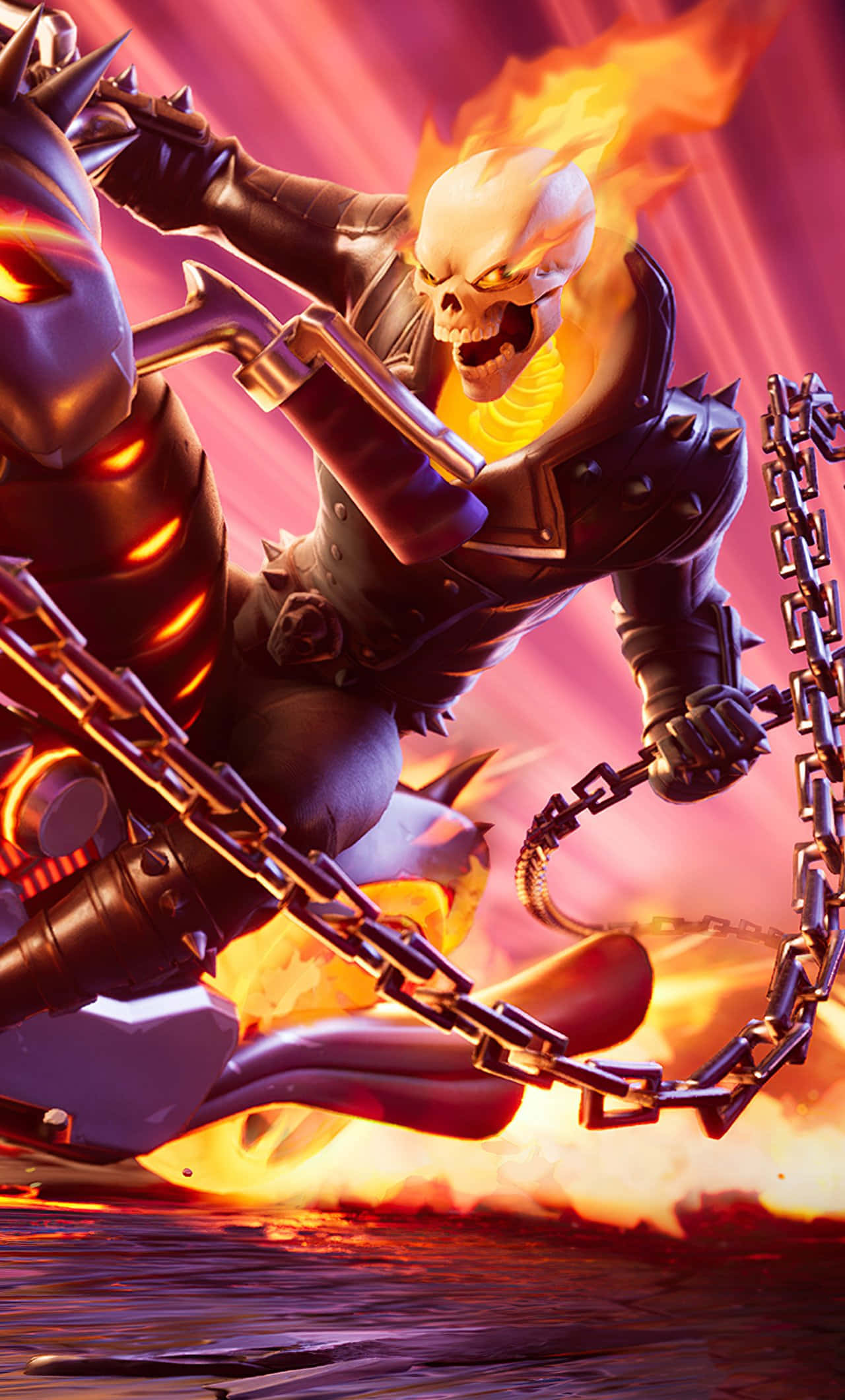 鬼 Rider 桌布 壁紙 — Ghost Rider 騎著火焰電單車穿過地獄之火，帶著鎖鏈和發光的骷髏頭盔。