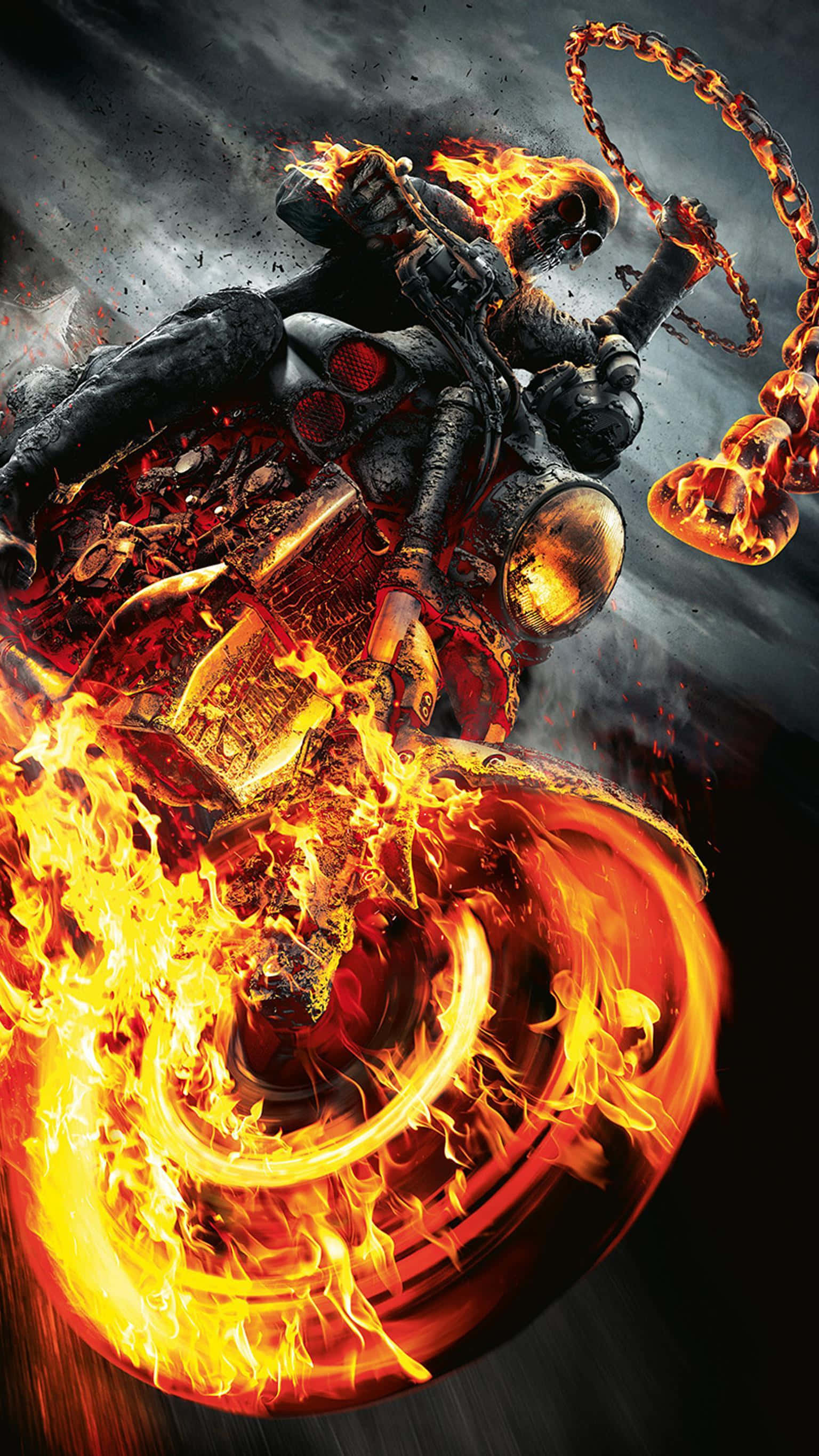 鬼 Rider 桌布 壁紙 — Ghost Rider 騎著火焰電單車，在暴風雨中揮舞著火鏈。