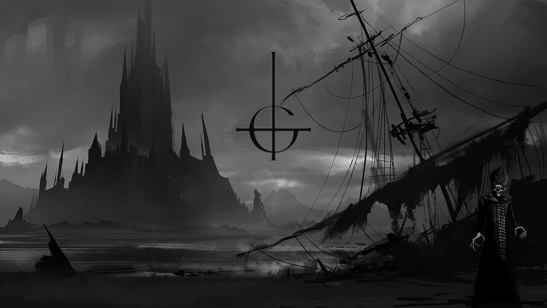 Ghost樂隊城堡與沉船 壁紙 — 一具骷髏站在一艘失事船隻旁邊，面前是一座高聳的哥德式城堡，背景是風暴般的單色天空。