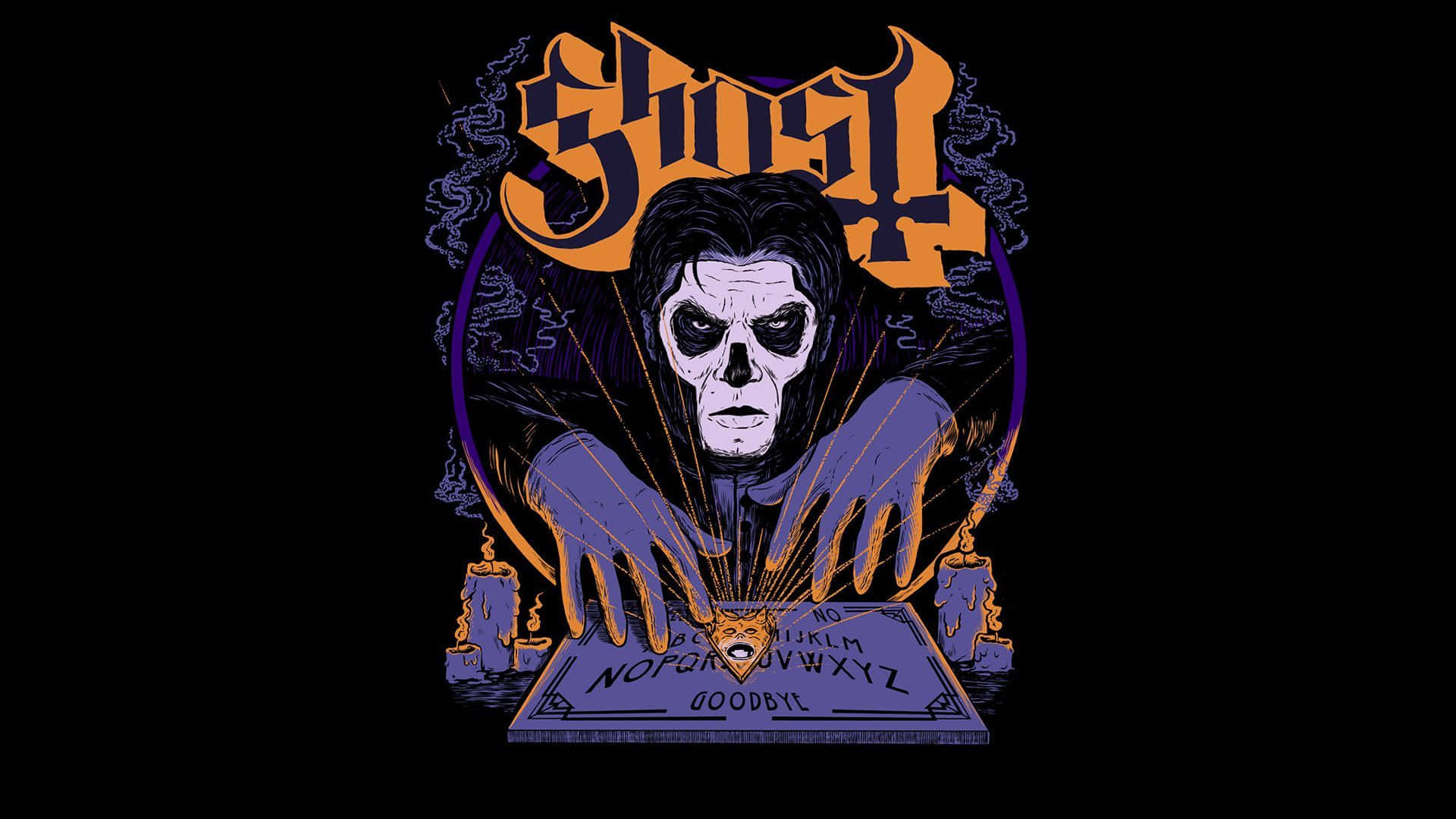 Ghost樂隊與通靈板 壁紙 — 一個令人毛骨悚然的插圖鬼魂，擁有骷髏臉和紫色雙手，在兩根燃燒的蠟燭之間按壓通靈板。