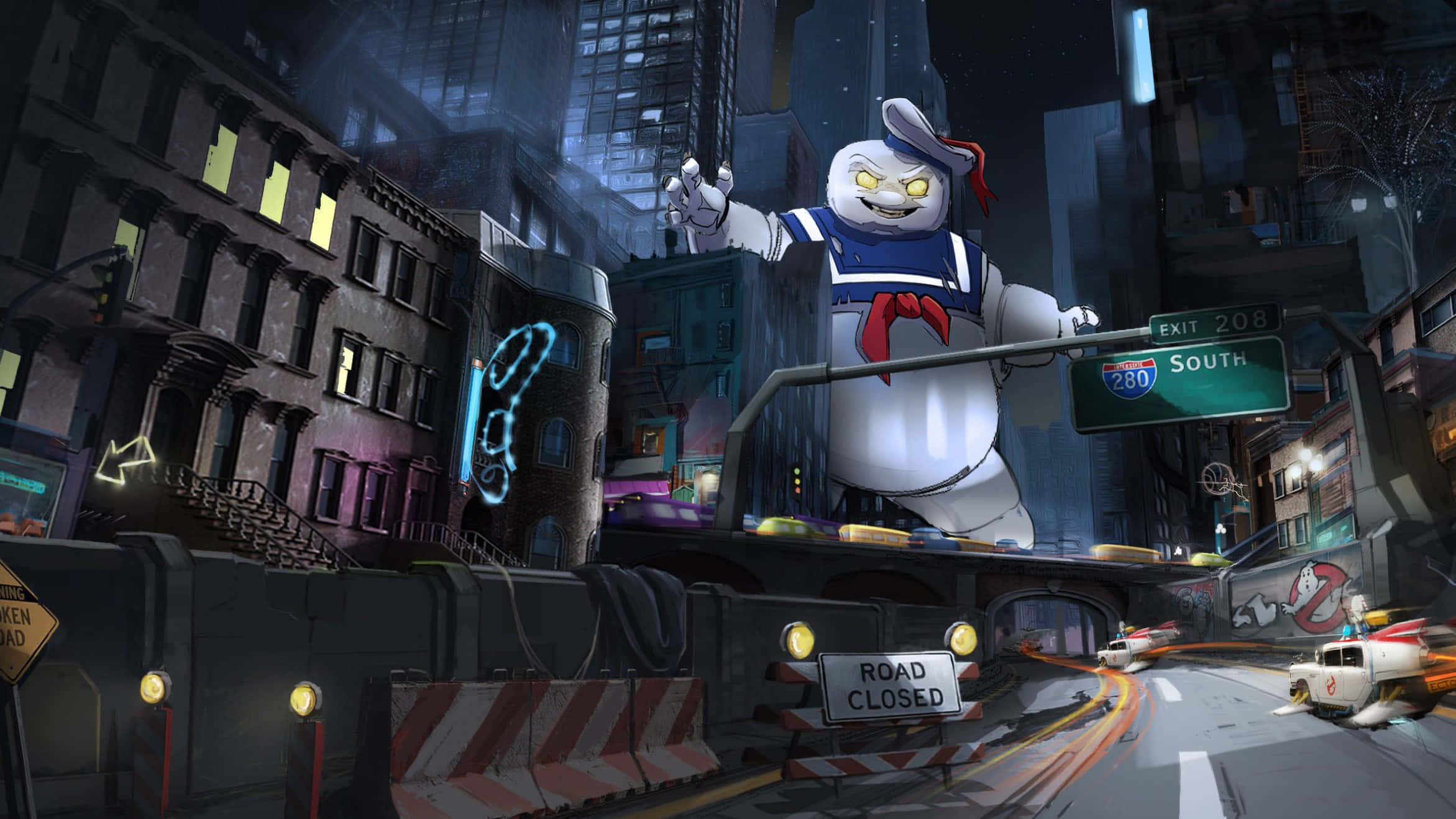 Ghostbusters 桌布 壁紙 — Ghostbusters Stay Puft Marshmallow Man 喺夜晚嘅霓虹燈城市高速公路上面出現，發光嘅眼睛同下面有個道路封閉標誌。
