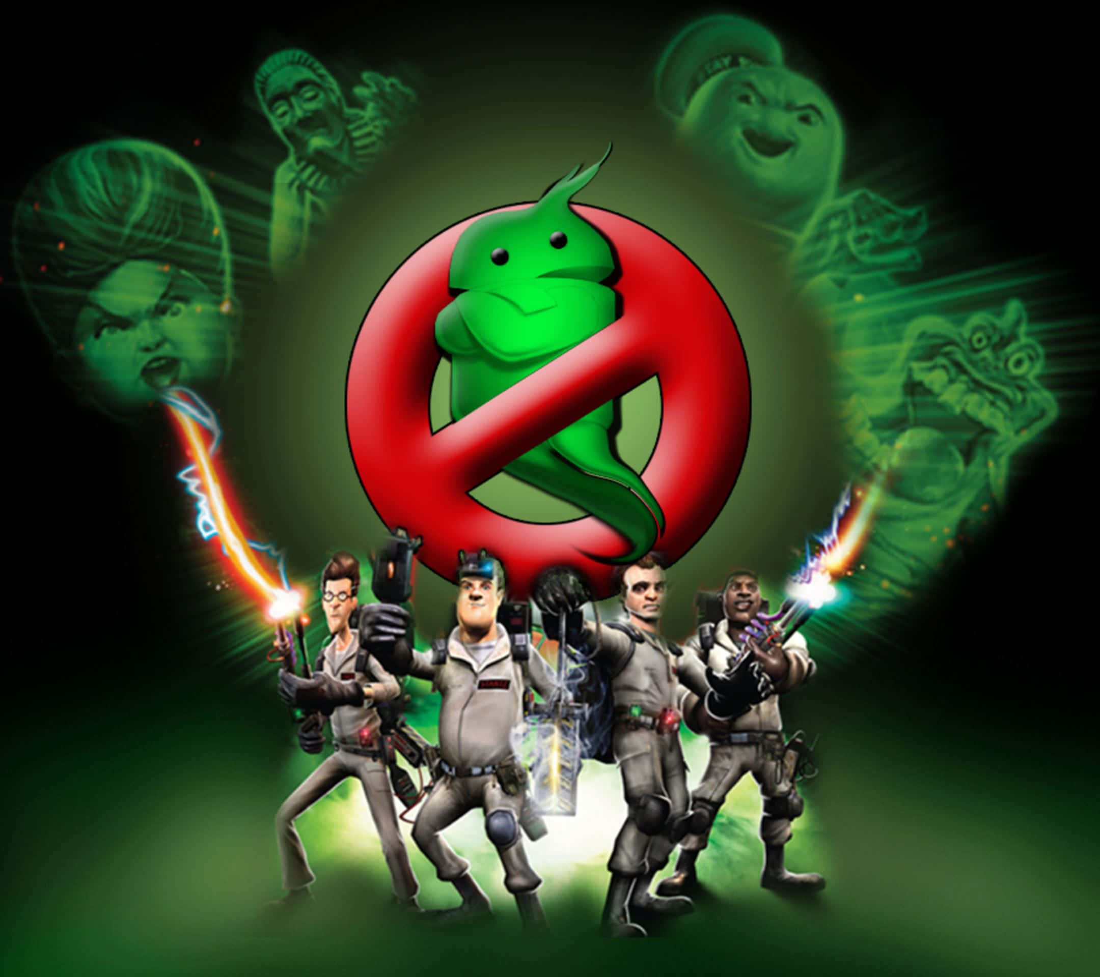 Ghostbusters 桌布 壁紙 — Ghostbusters 團隊身穿灰色制服，手持質子背包，綠色鬼魂漂浮在標誌性的紅綠標誌後面。