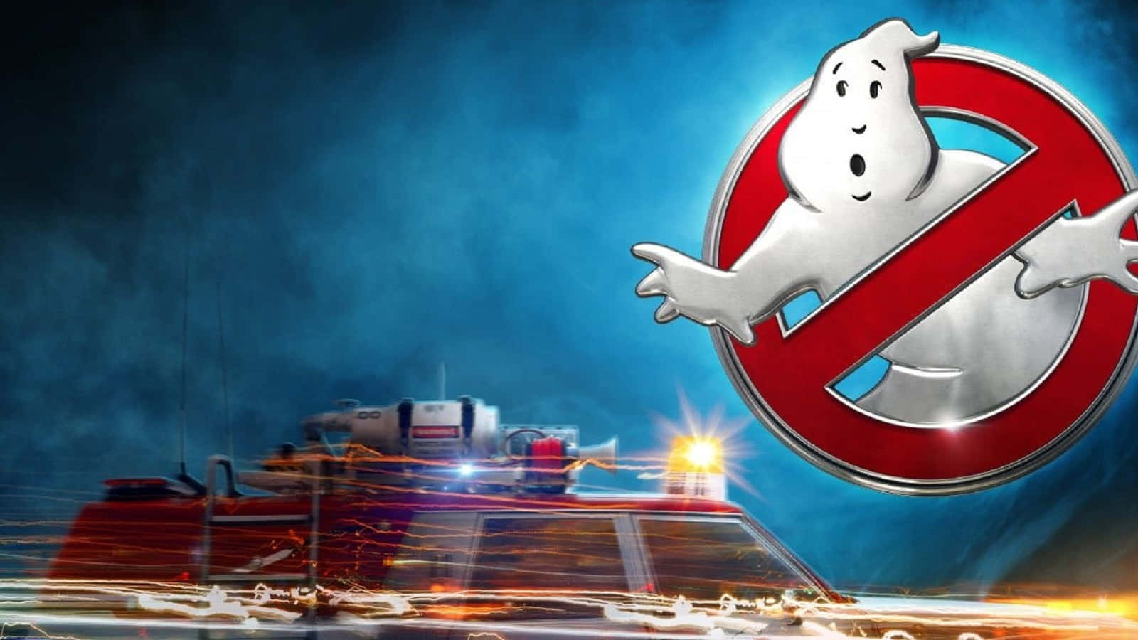 Ghostbusters 桌布 壁紙 — Ghostbusters 標誌漂浮在紅色 Ecto-1 上方，帶有閃爍燈光，背景是暴風雨的藍色夜空。