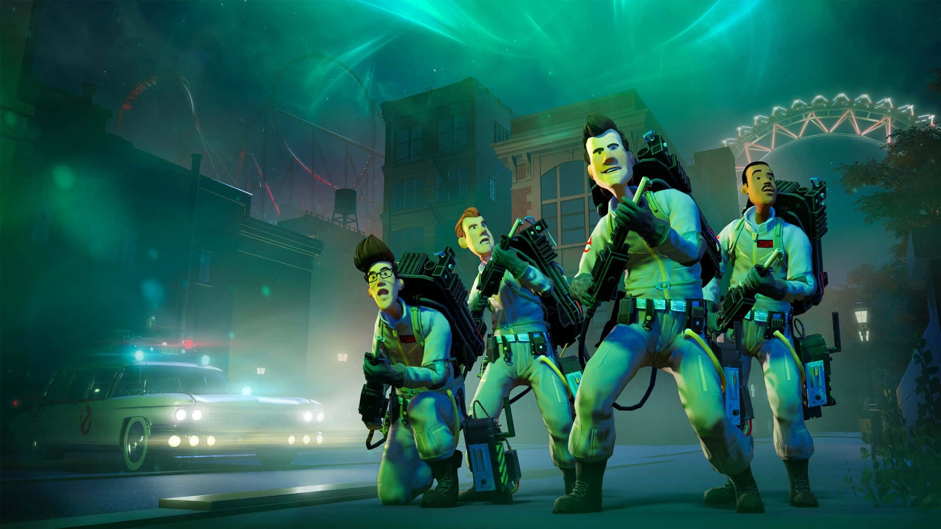 Ghostbusters 桌布 壁紙 — Ghostbusters 身穿標誌性裝備，在夜晚霓虹燈閃爍的城市街道上準備就緒，身後是他們的 Ecto-1。