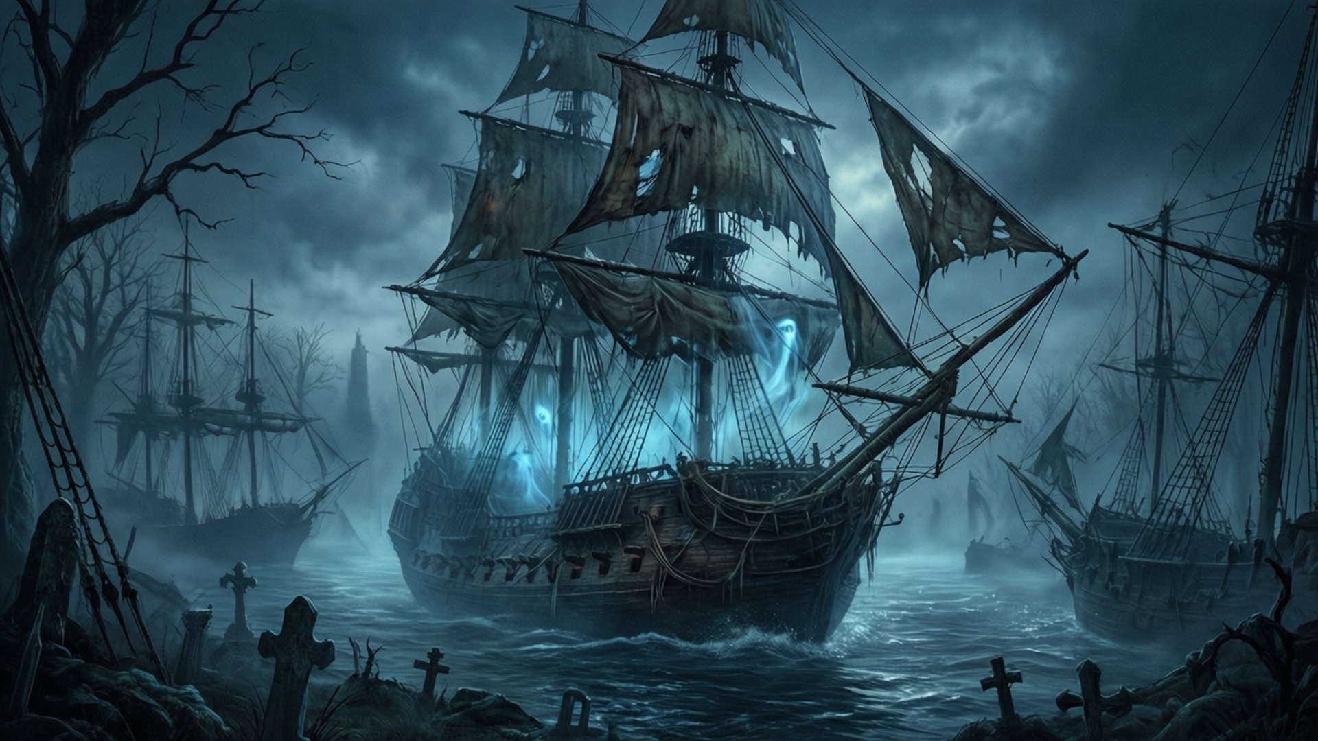Ship 桌布 壁紙 — 幽靈海盜船帶著破爛的帆，在黑暗陰沉天空下的墓地中航行於暴風雨的水域。