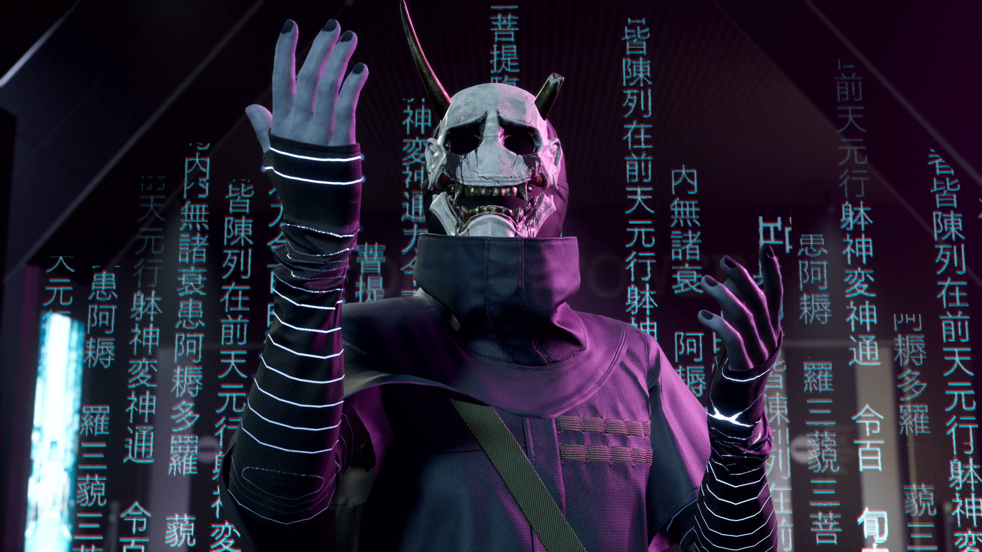一個戴面具的人物，雙手發光，被漂浮在霓虹光中的中文字元包圍。
