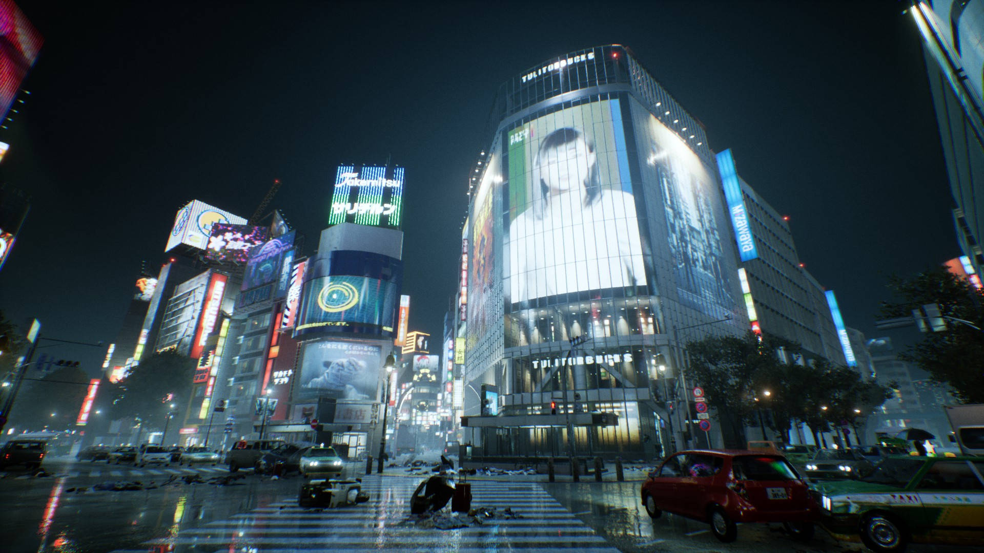 霓虹燈閃爍的東京夜晚街道，帶有雨反射和發光的廣告牌。