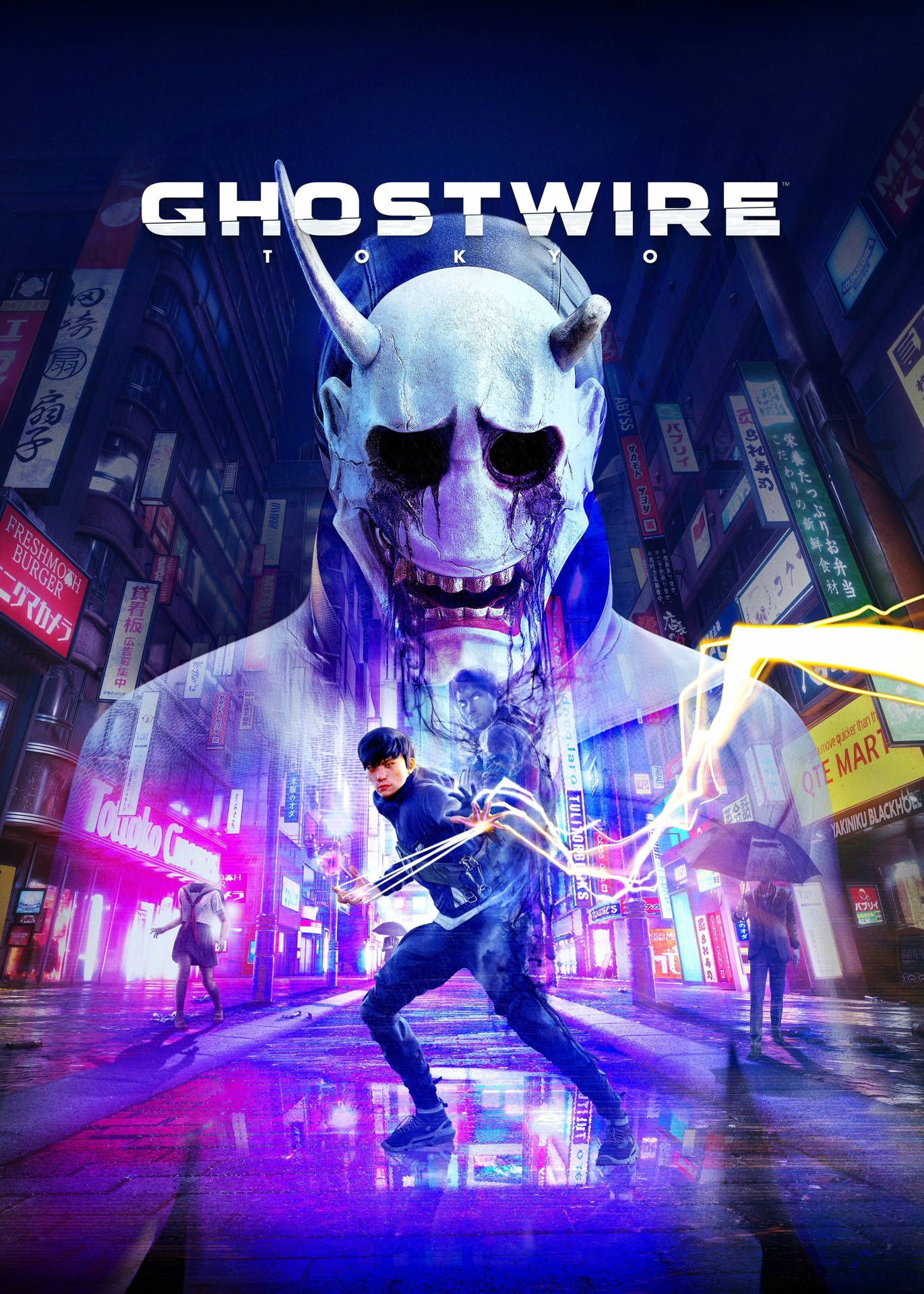 一名遊戲主角在夜晚霓虹燈閃爍的東京街頭與巨型幽靈戰鬥。