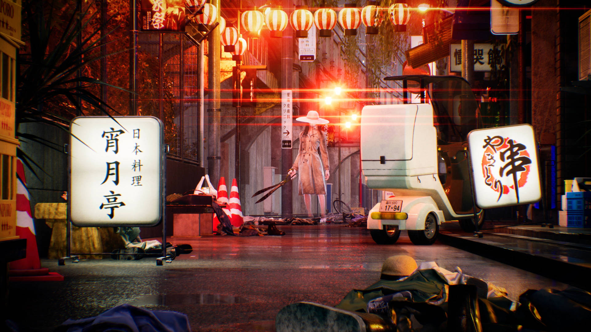 雨夜中的日本街道，發光的招牌和一個穿著風衣的神秘身影。