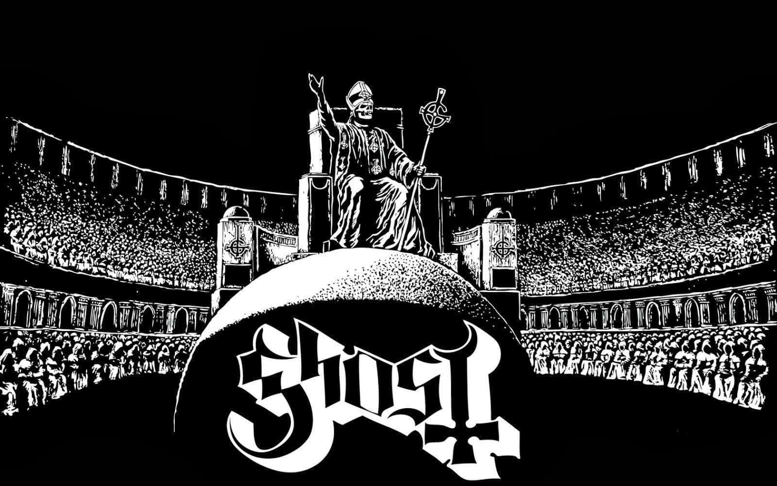 骷髏教皇在地球寶座上，體育場人群前，帶有 'Ghost' 標誌