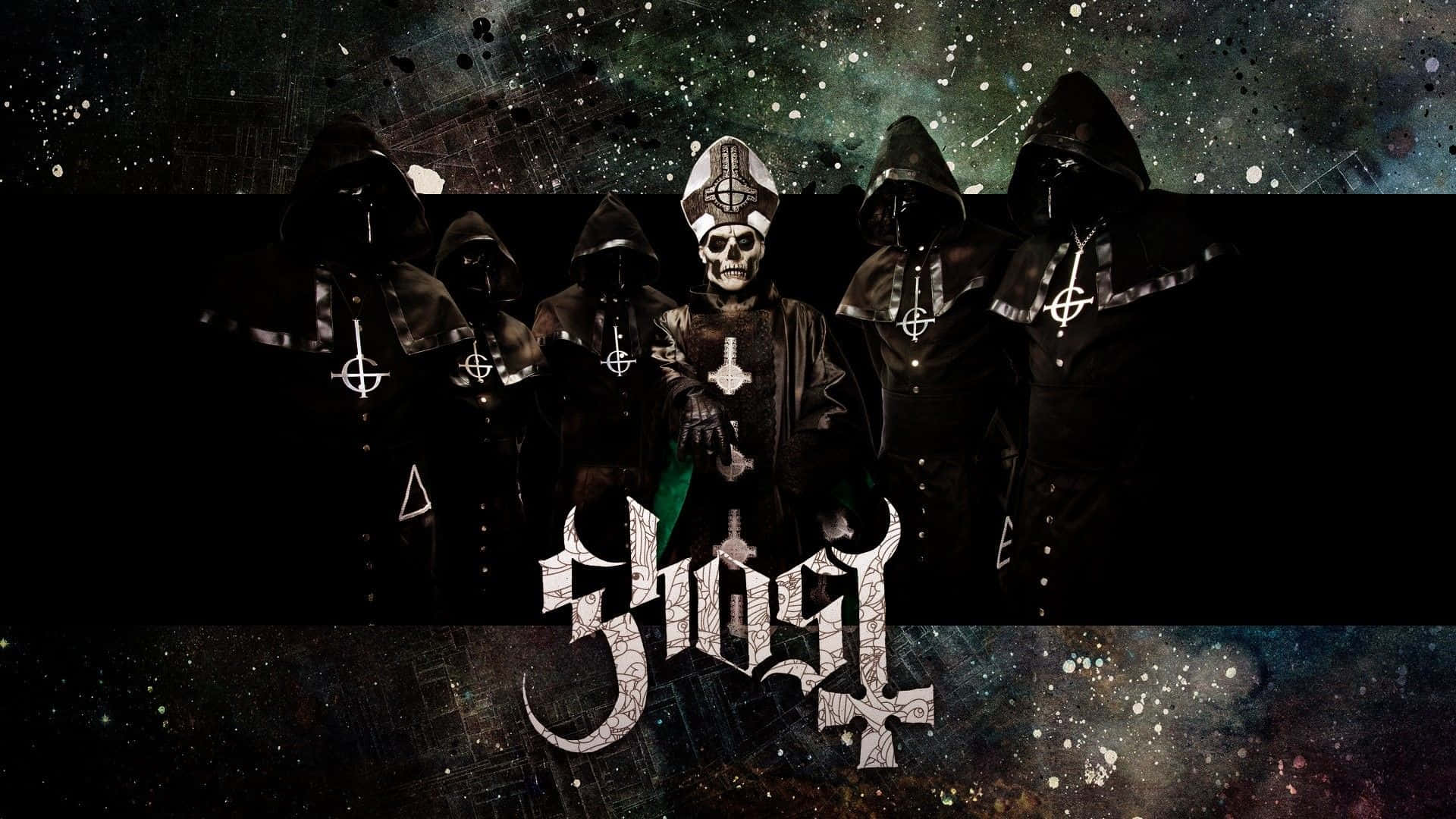 Ghost 樂隊成員身穿深色長袍、戴著骷髏面具，背景是星空宇宙。