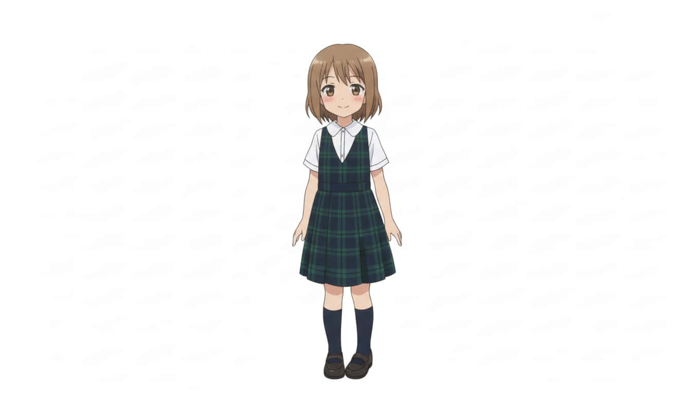 Gia Kirschbaum 角色簡介 壁紙 — 一個開朗的動漫女孩，棕色頭髮，穿著綠色格子校服裙，內搭白襯衫和黑色襪子，背景是純白色。