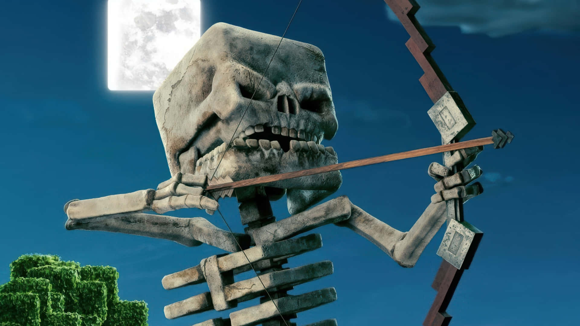  壁紙 — 一個來自Minecraft的巨型方塊骷髏弓箭手在深藍色天空下，於發光的滿月下瞄準弓箭。