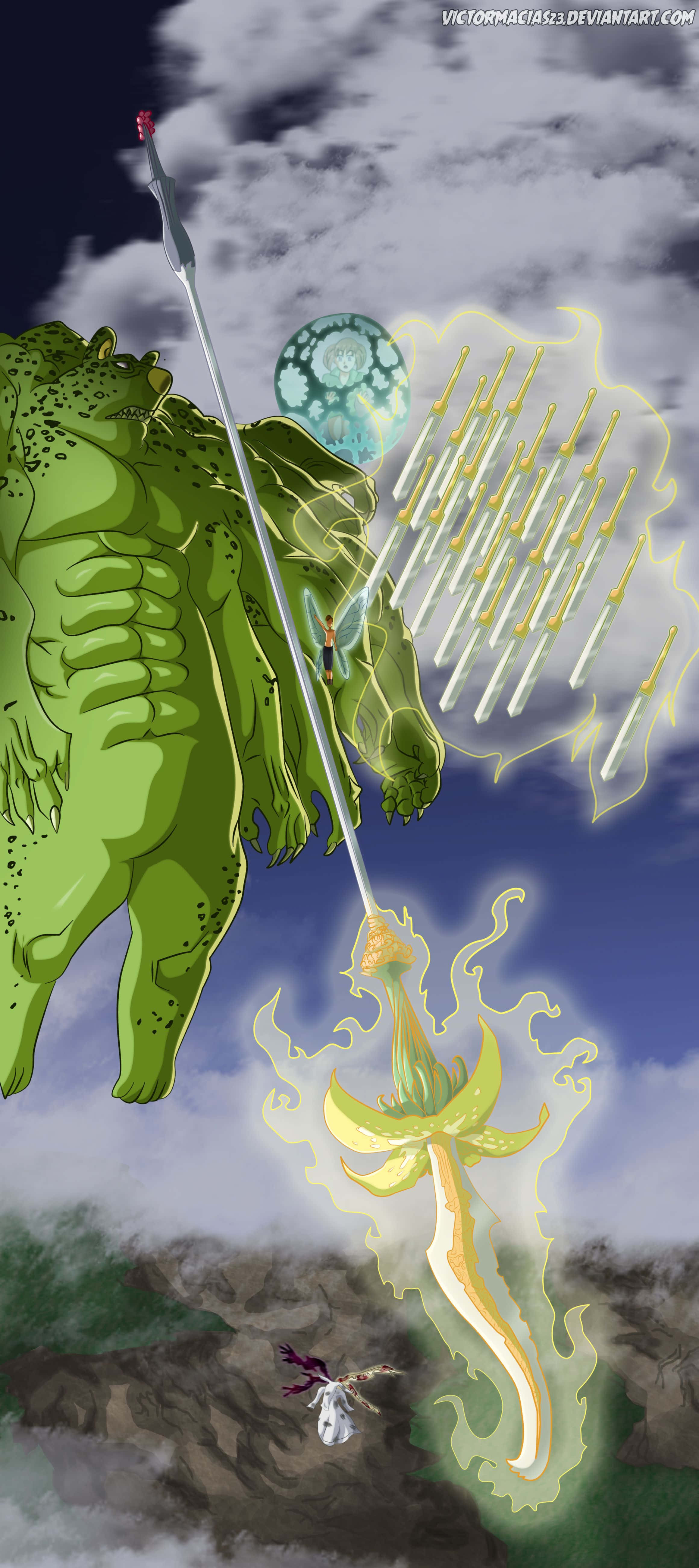 Seven Deadly Sins King 桌布 壁紙 — 一隻巨大的綠色怪物在暴風雨的天空和漂浮的刀刃中揮舞著發光的劍對抗一個小戰士。