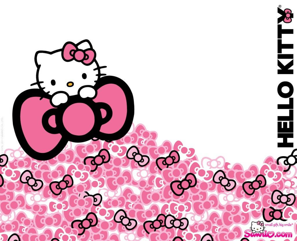Hello Kitty 藏身於巨型粉紅絲帶後方的白色背景壁紙。