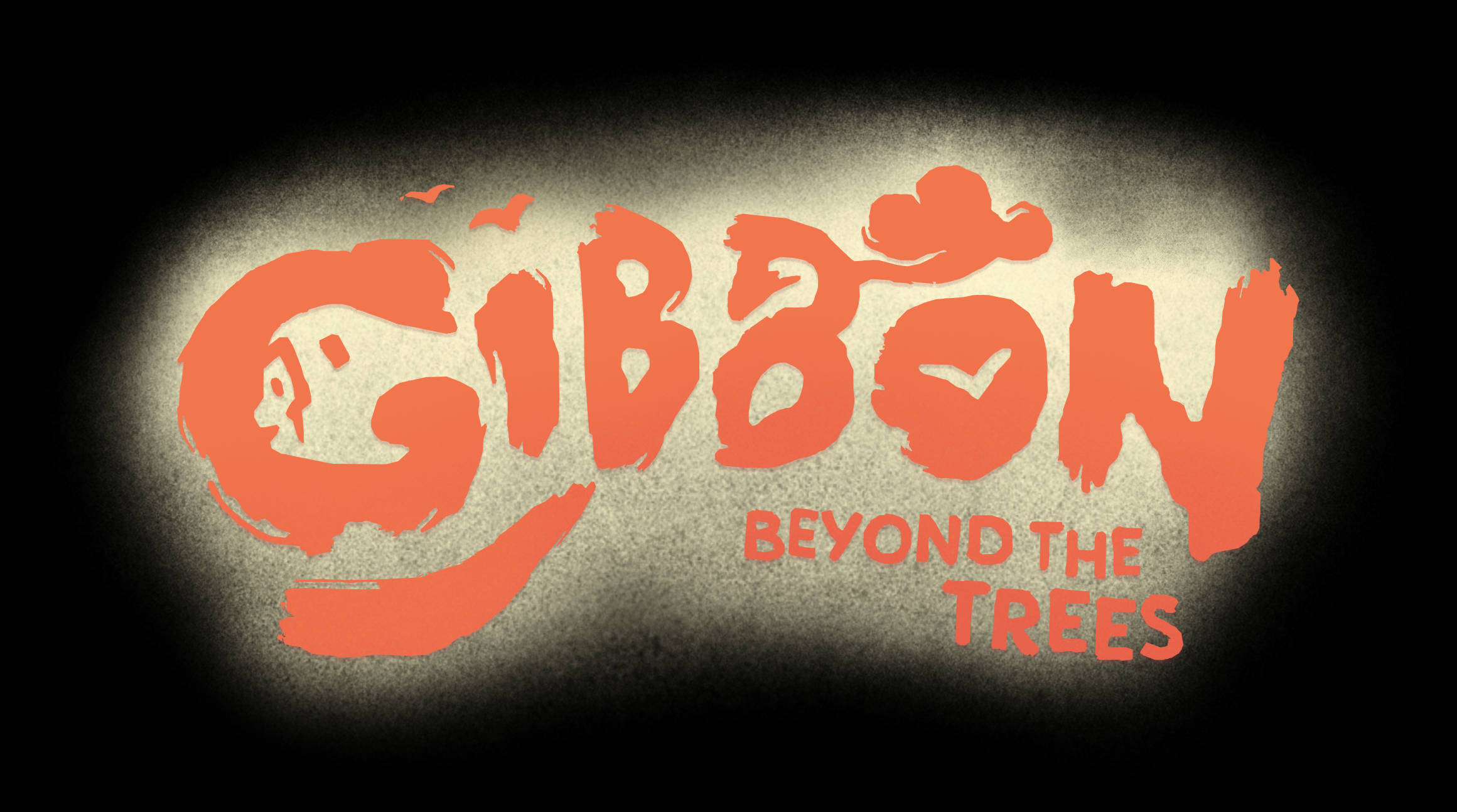 Gibbon: Beyond the Trees 遊戲標誌 壁紙 — 大膽的橙色風格文字 'GIBBON BEYOND THE TREES' 在紋理聚光燈背景下發光。