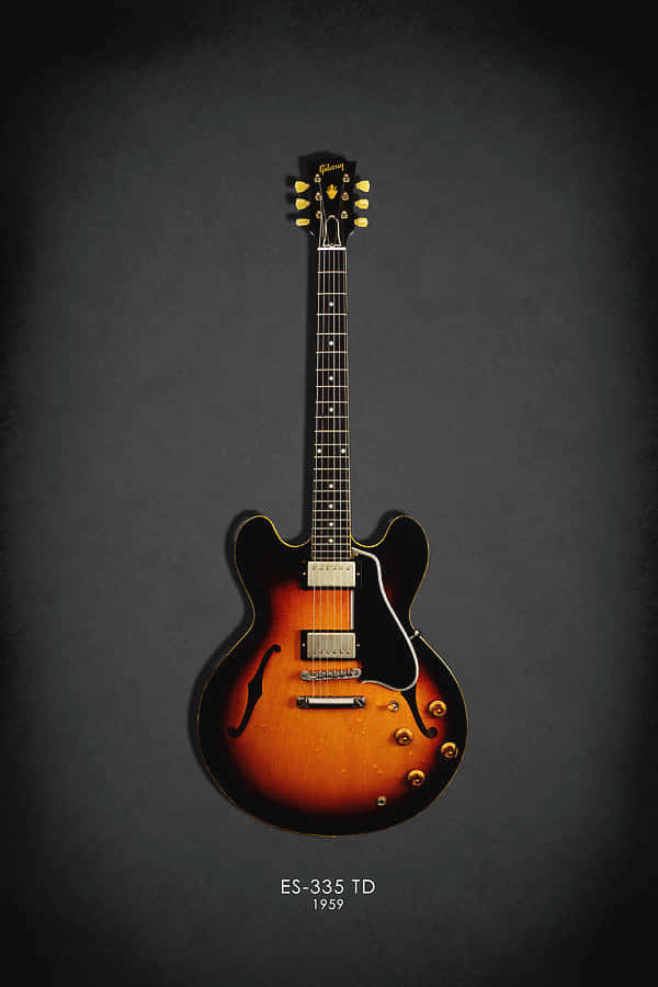 復古1959年Gibson ES-335 TD電結他，旭日紋飾面，深色背景。