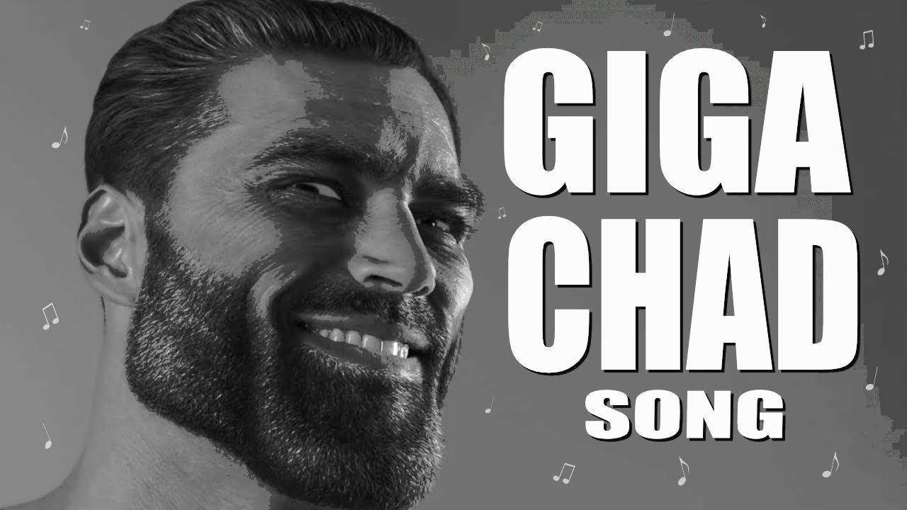 Giga Chad 歌曲迷因 壁紙 — 一個風格化的黑白肖像，描繪一位微笑的鬍鬚男，周圍環繞著音樂符號，並有粗體文字 GIGA CHAD SONG。