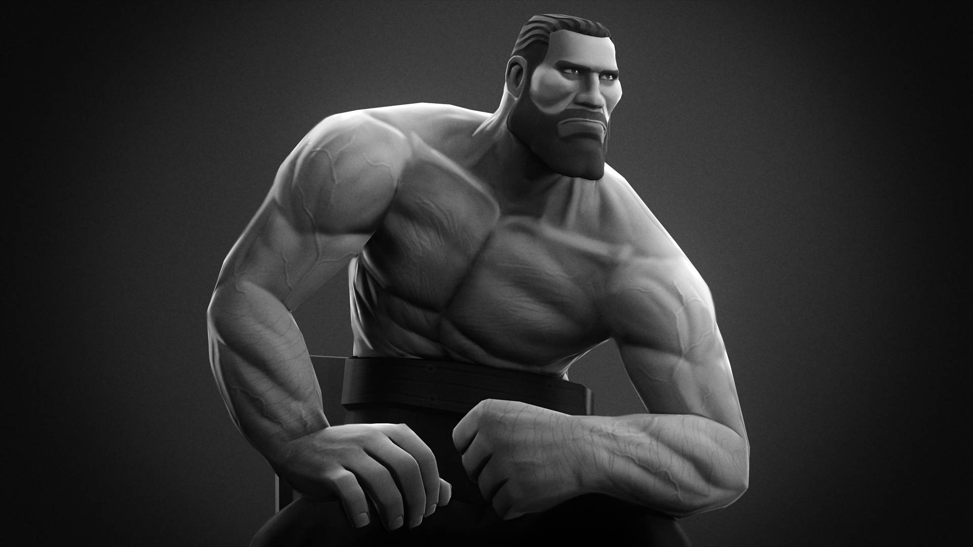Giga Chad《部落衝突》角色肖像 壁紙 — 一個單色3D渲染的肌肉男，表情嚴肅，坐在黑暗的攝影棚中。