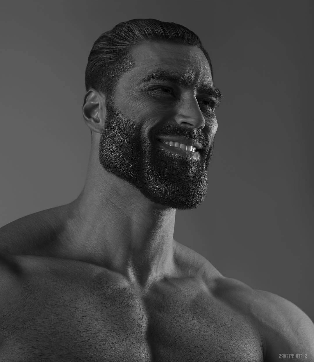 Giga Chad 頭像照 壁紙 — 一個肌肉發達、留鬍子的男人在柔和燈光的黑白工作室肖像中自信地微笑。