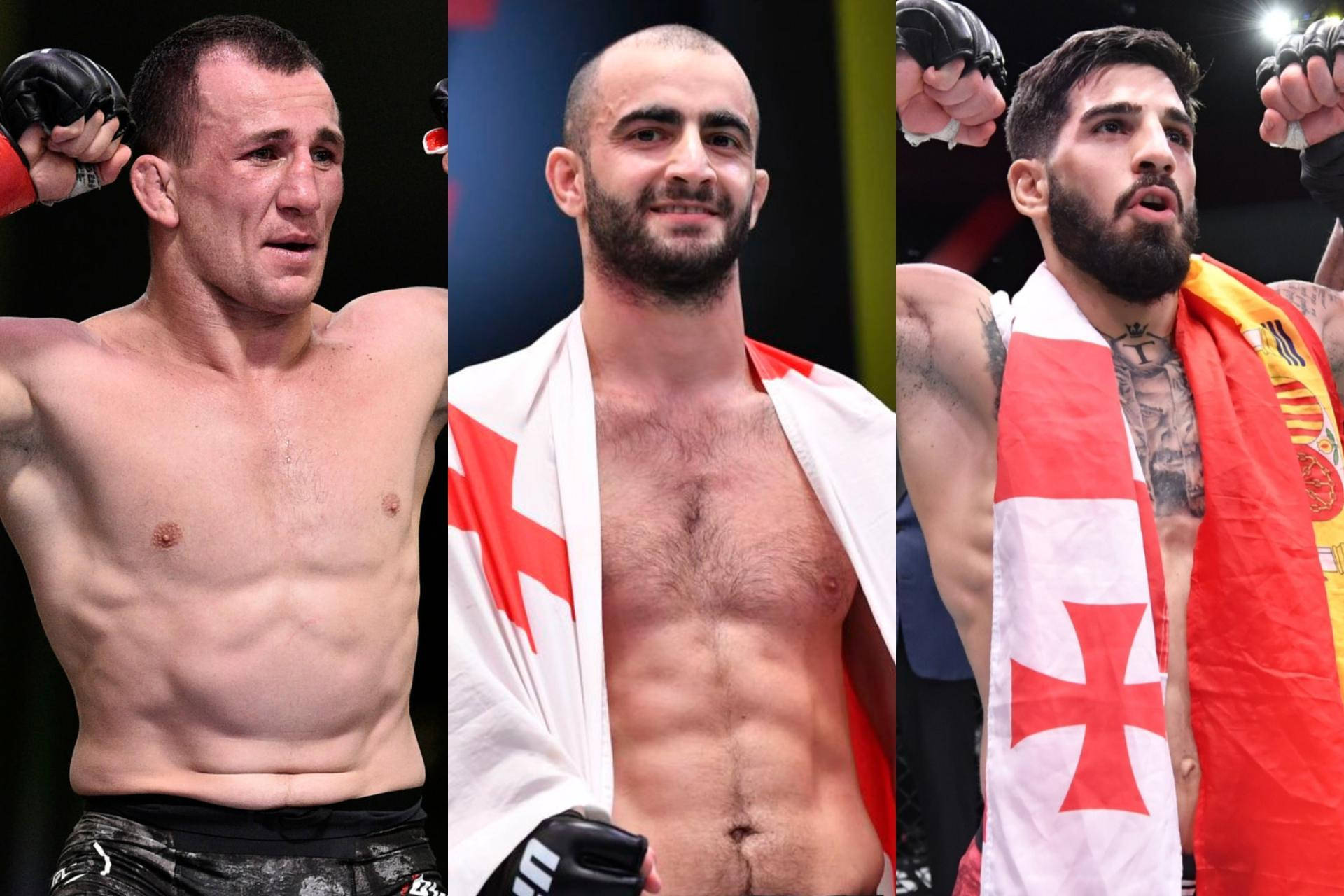 三名赤裸上身的男性MMA戰士在比賽後披著國旗。