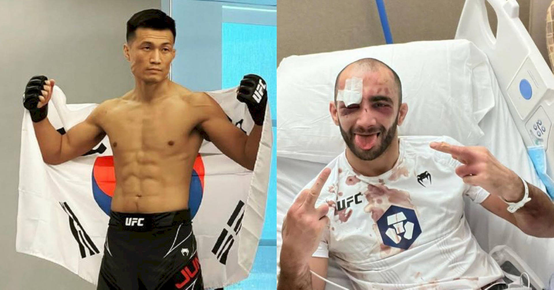 兩名UFC戰士，一名舉旗慶祝，另一名受傷在醫院病床上微笑。