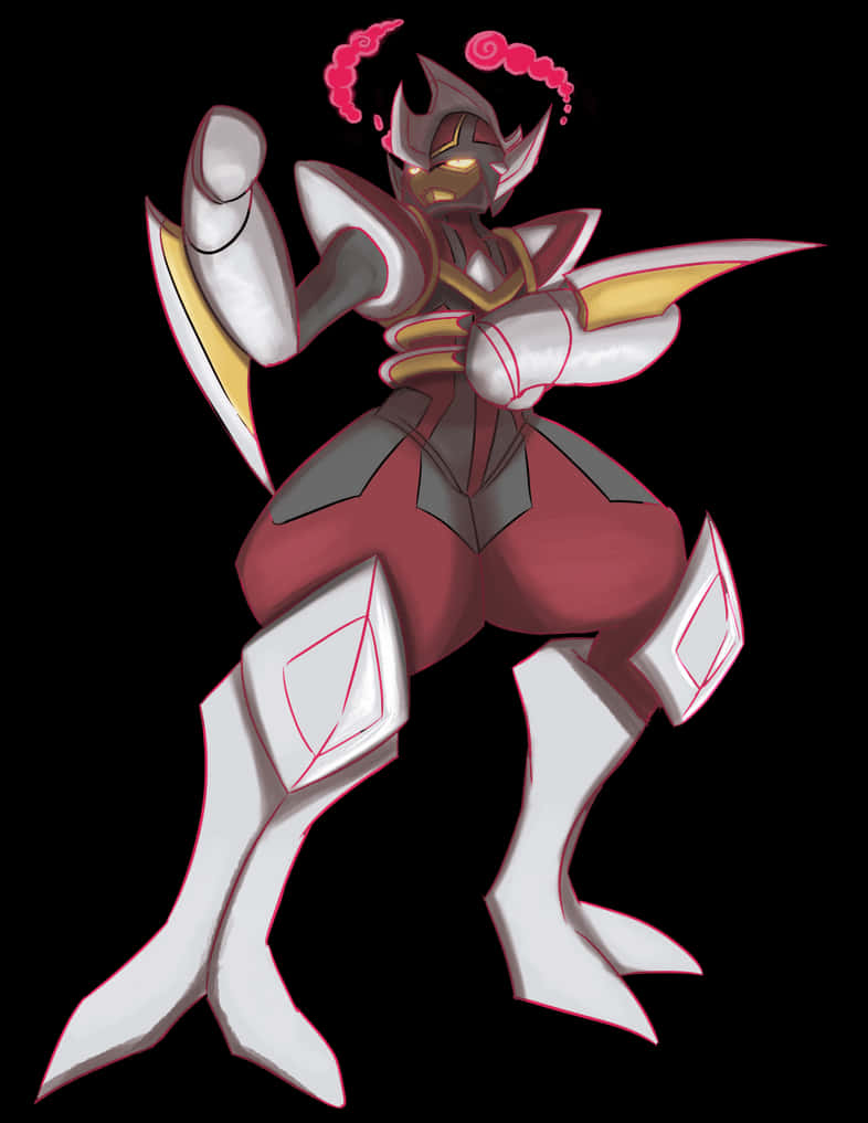 Gigantamax Bisharp 壁紙 — 一個風格化的動漫角色穿著紅、白、金色盔甲，在黑色背景上搭配粉紅色能量漩渦，動態地擺出姿勢。