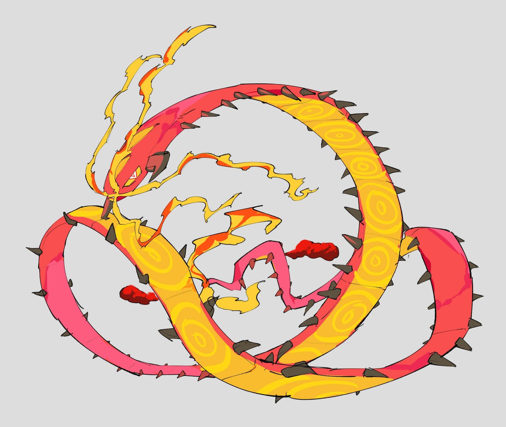 Gigantamax Centiskorch 站在純色背景上 壁紙 — 一條火紅與黃色、帶有尖刺鱗片的龍，在純灰色背景上動態盤繞。