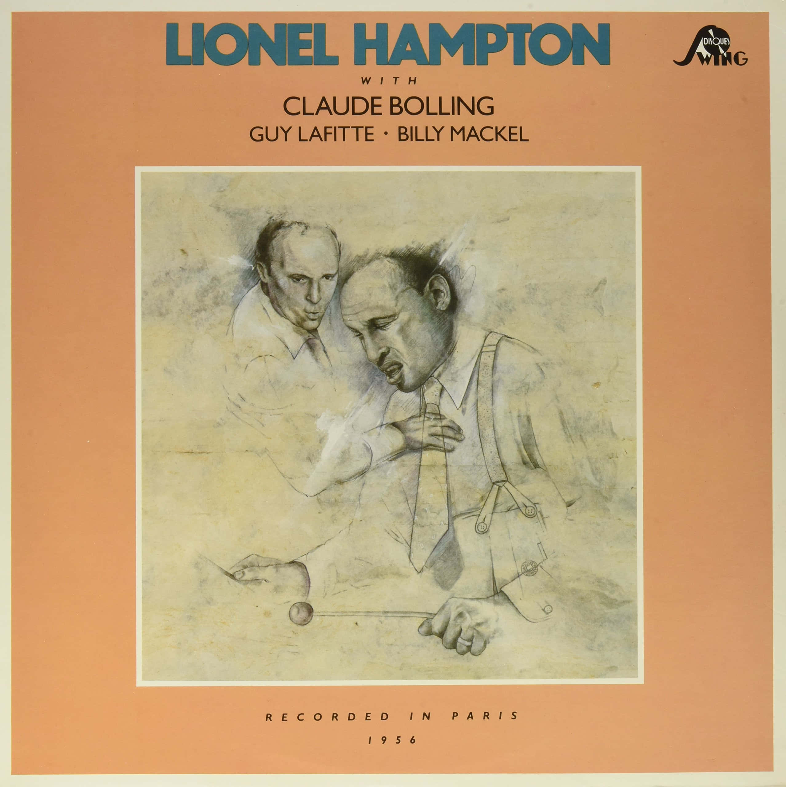 Gil Elvgren 為 Lionel Hampton 所繪的插畫封面 壁紙 — 一張復古爵士專輯封面，以溫暖橙色背景上的兩位男士素描為特色，其中一位正在演奏顫音琴。