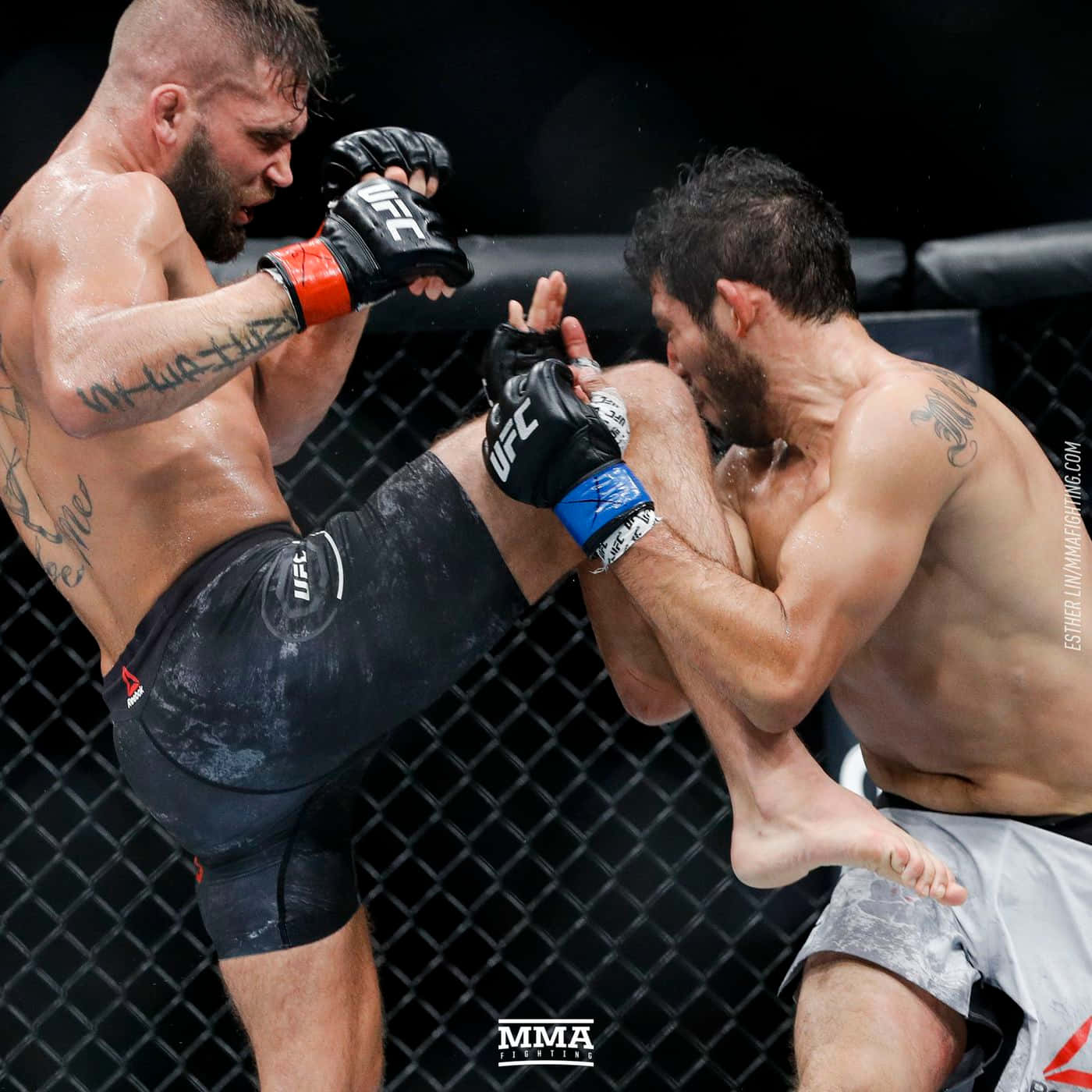 Gilbert Melendez遭Jeremy Stephens膝擊 UFC 215賽事 壁紙 — 兩名MMA拳手在激烈的鐵籠賽中交鋒，其中一人使出高踢，另一人則阻擋。