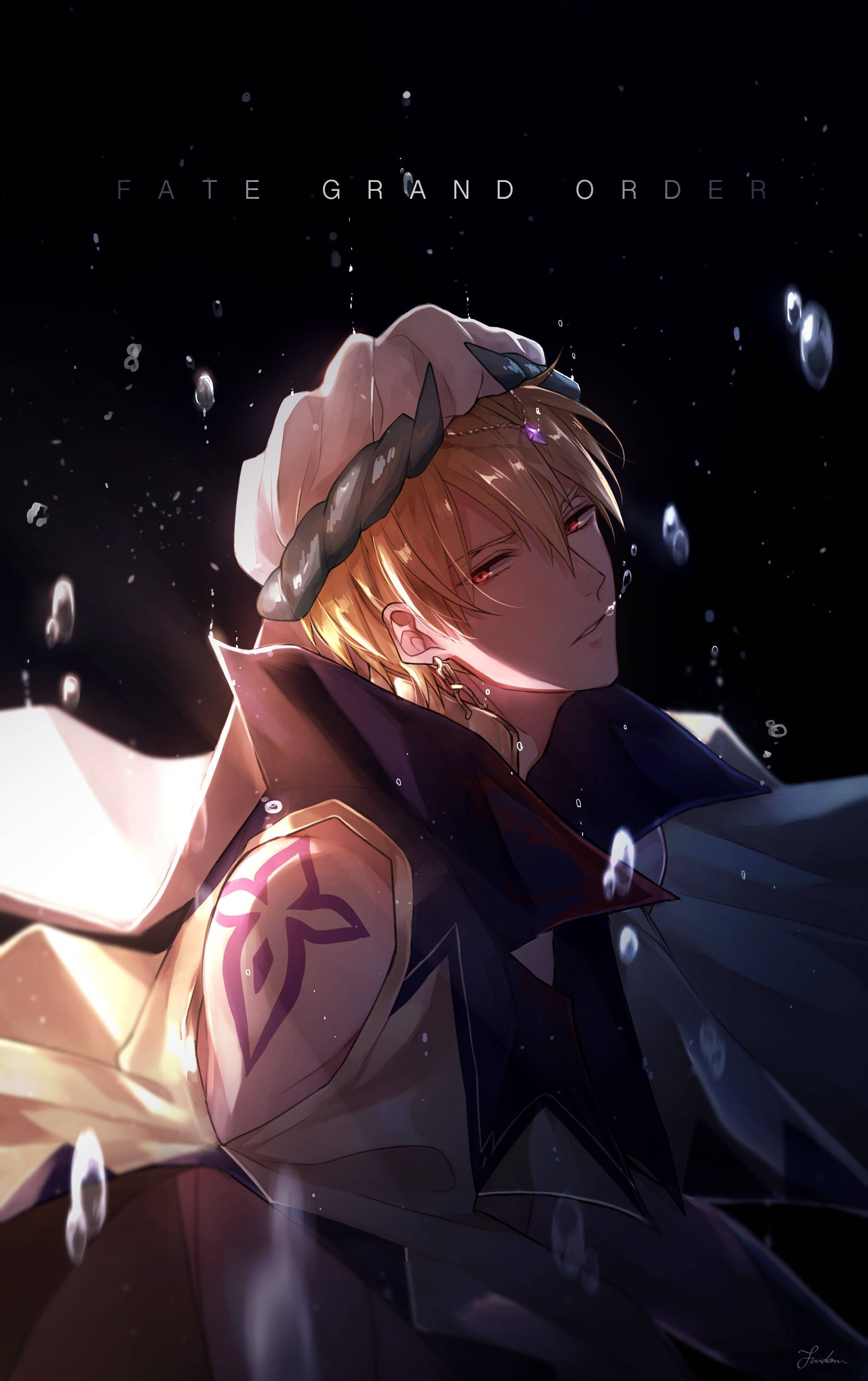 Gilgamesh Fate Grand Order 壁紙 — 一個金髮紅眼嘅動漫角色企喺黑暗空間，周圍有浮動嘅氣泡同柔和光線。