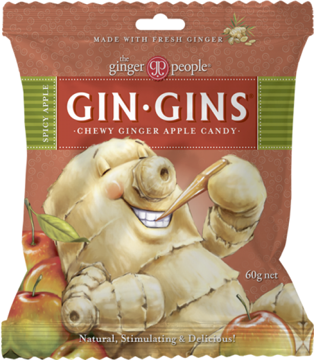 Gin-Gins嚼勁薑蘋果糖果包裝 壁紙 — 一個快樂的卡通薑根角色，拿著一根糖果棒，被蘋果包圍在一個品牌糖果包裝上。