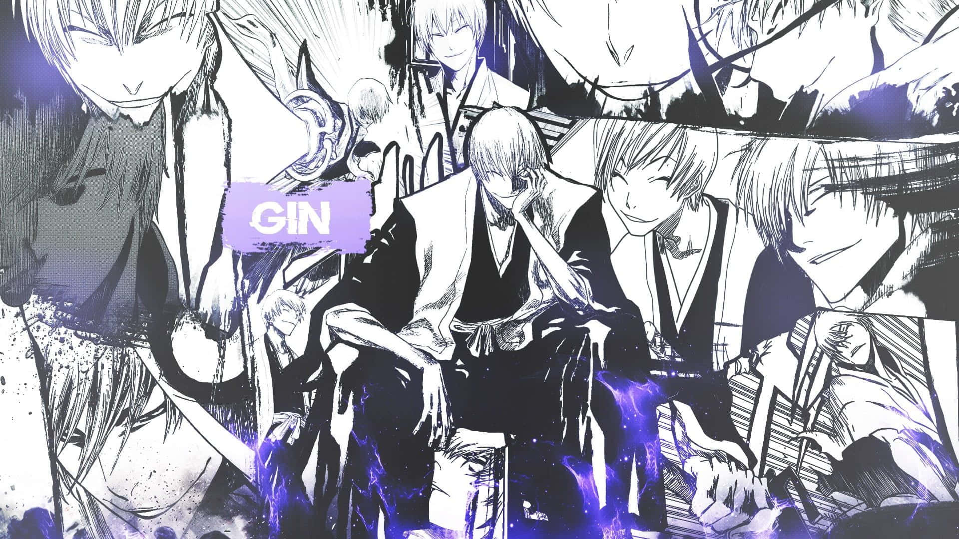 Gin Ichimaru 桌布 壁紙 — Gin Ichimaru 的動態動漫拼貼畫，帶有紫色能量點綴和強烈表情。