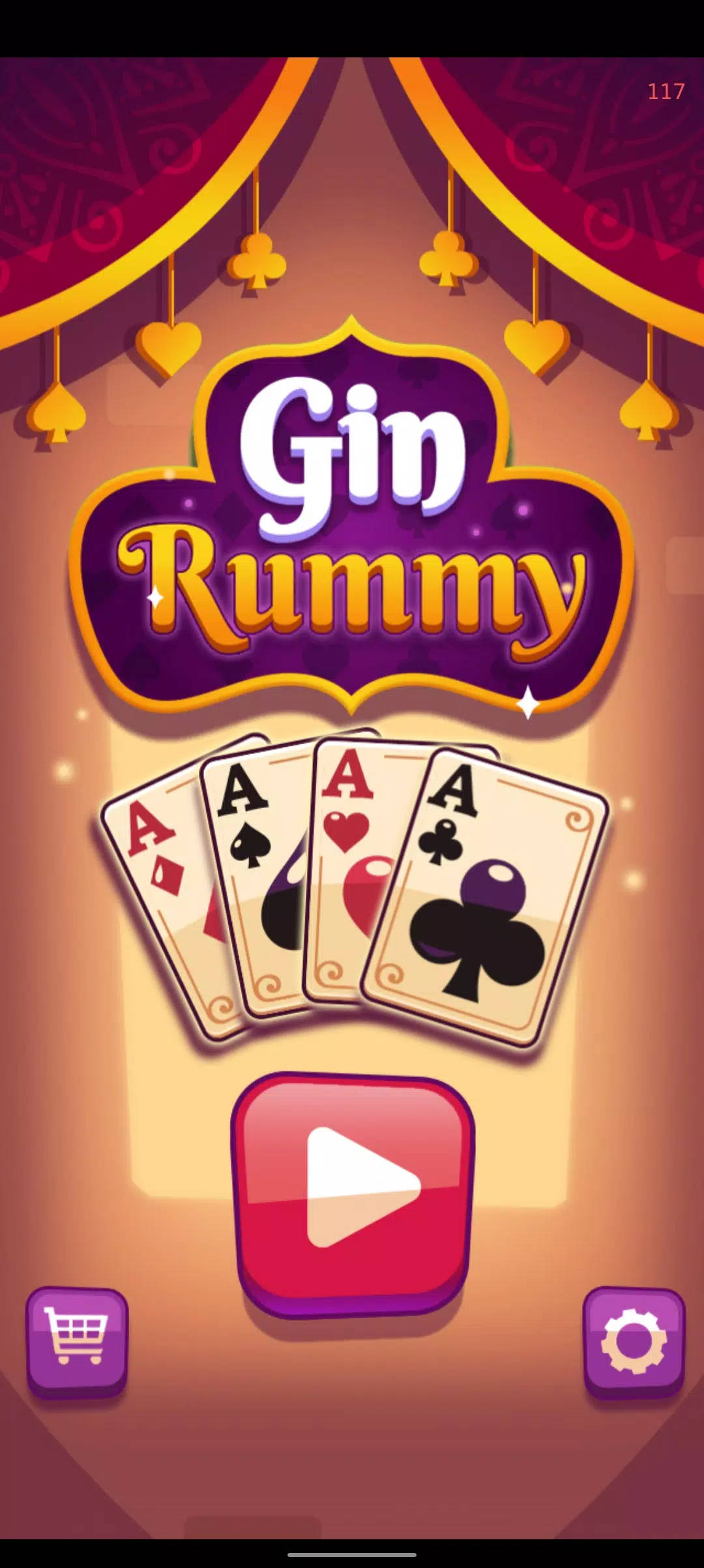 a competitive game of gin rummy 壁紙 — Gin Rummy 遊戲標題畫面，華麗的紫色金色窗簾下有四張A和遊戲按鈕。