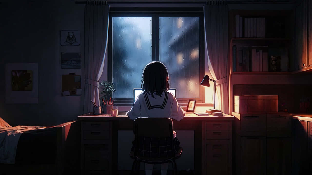  壁紙 — 一個穿著校服的女孩坐在書桌前，旁邊是雨水斑駁的窗戶，一盞溫暖的燈照亮了這個舒適昏暗的房間。