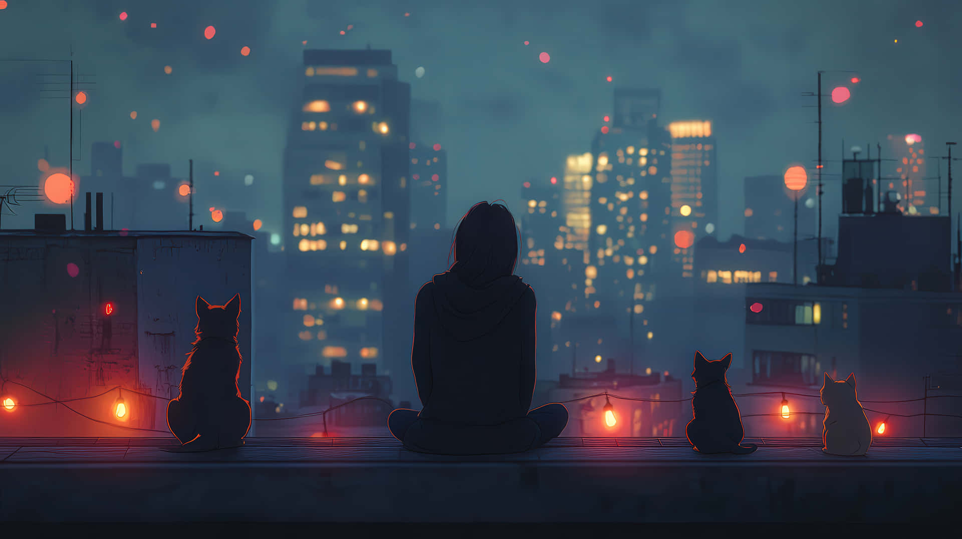 夜晚，一個人和三隻貓坐在屋頂上觀看城市燈光