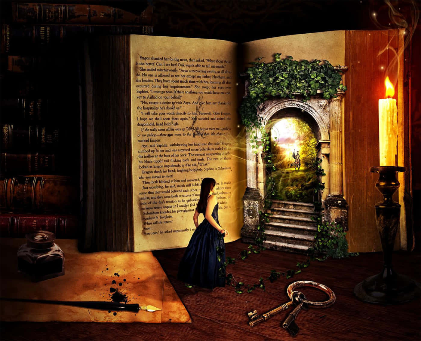 Fantasy Books 桌布 壁紙 — 一個女孩站在一個從打開的書中出現的魔法門口前，身處一個充滿蠟燭光線、擺滿復古書籍和鑰匙的書房。