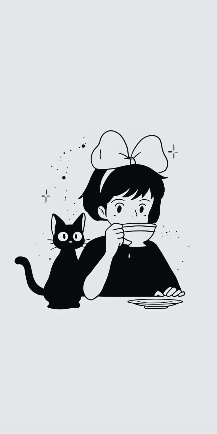  壁紙 — 一個戴著大蝴蝶結的女孩正在從碗裏啜飲，一隻黑貓坐在她旁邊，兩者都以極簡的黑白線條藝術呈現。