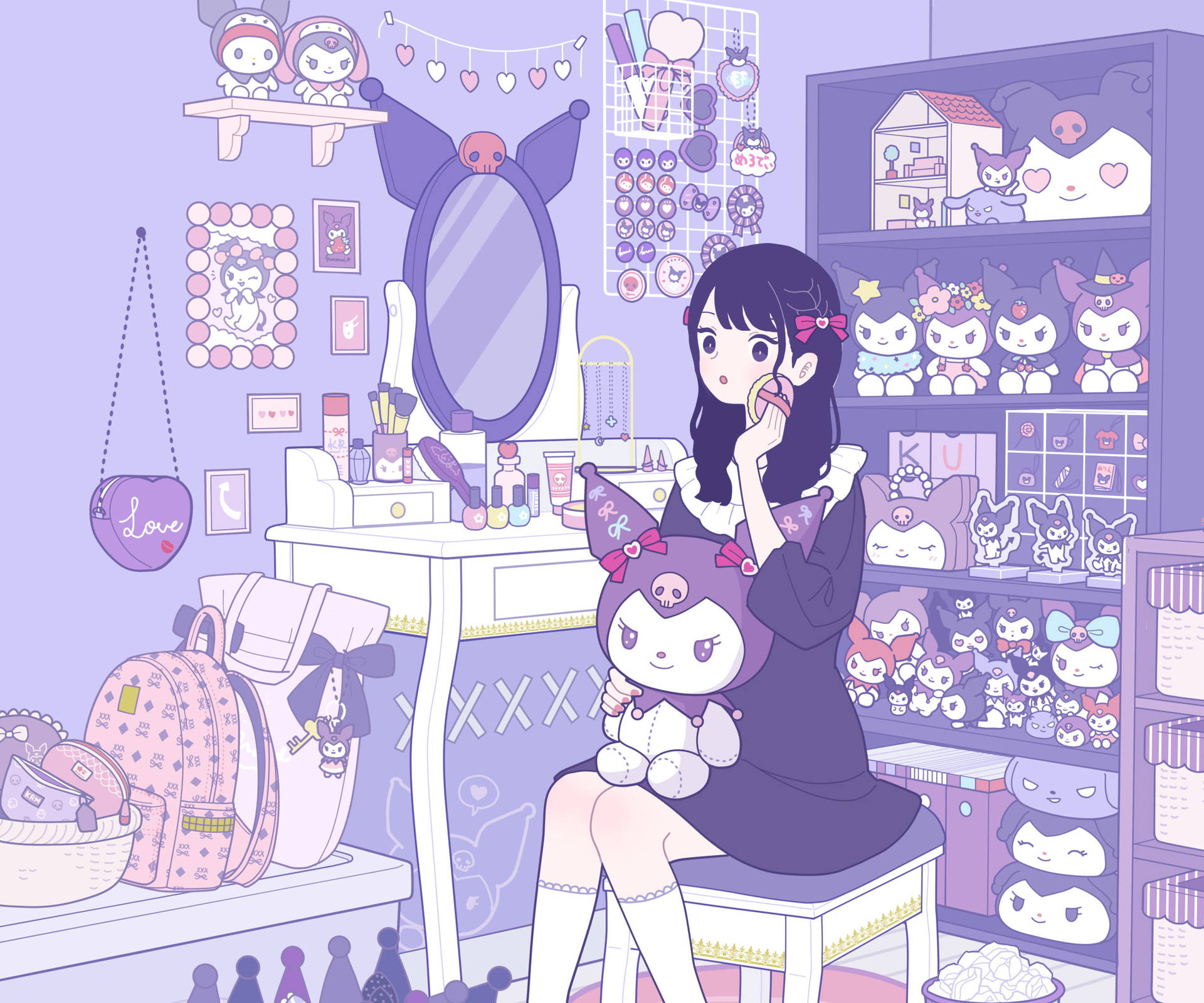 女孩與My Melody及庫洛米毛絨玩具