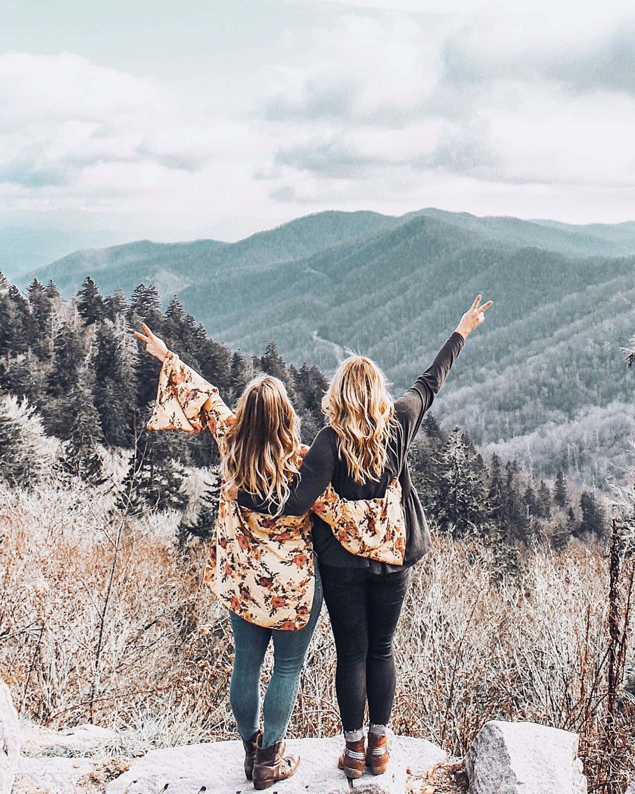 兩位女士在山頂觀景點舉臂慶祝。