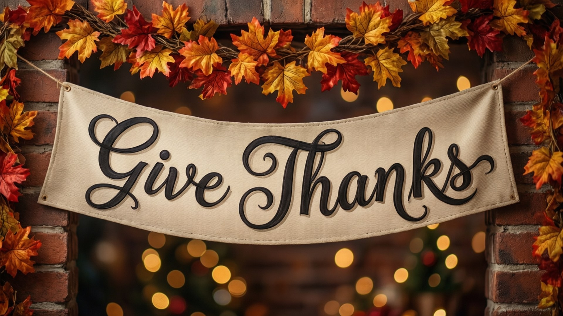 一個寫有「Give Thanks」的橫幅掛在磚牆上，牆上裝飾著秋葉和溫暖的燈光。