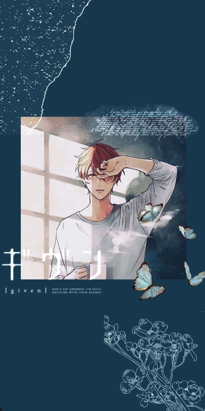 紅髮的動漫男孩用手遮擋眼睛避開窗戶光線，藍色蝴蝶在附近飛舞。
