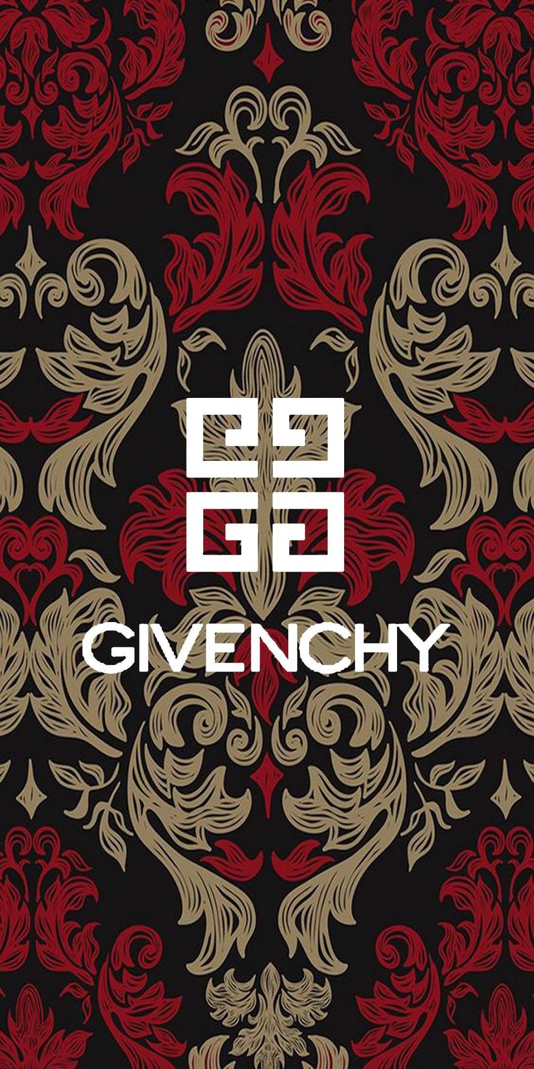 奢華 Givenchy 紅金配色 壁紙 — 大膽的紅金黑錦緞圖案，Givenchy標誌居中，壁紙設計。
