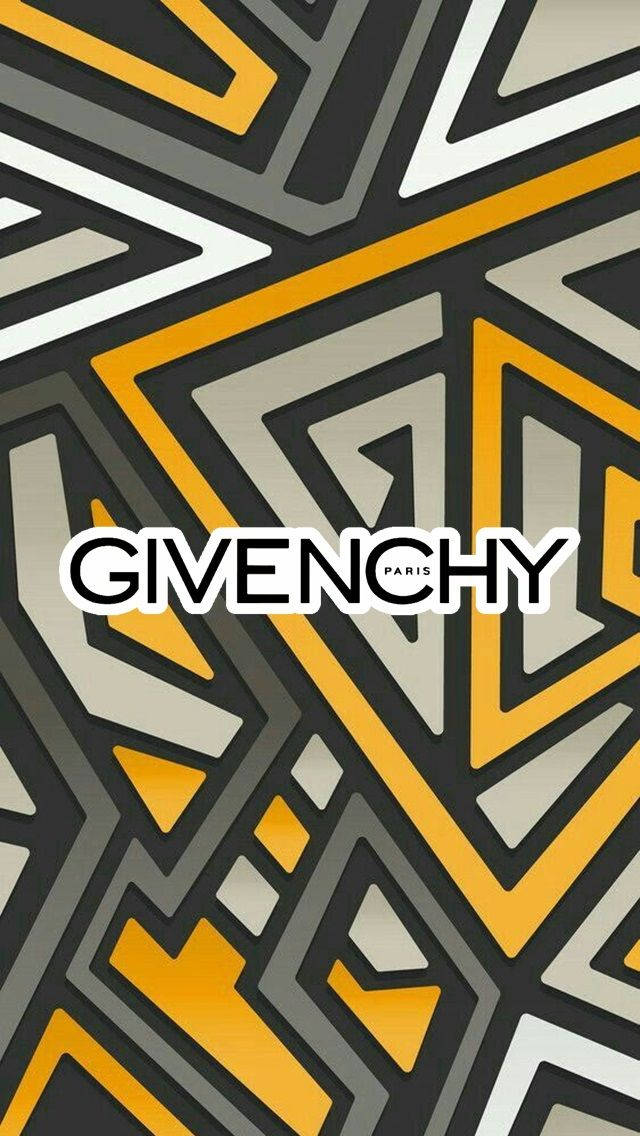 Givenchy Paris標誌位於幾何金色、灰色和白色背景上。